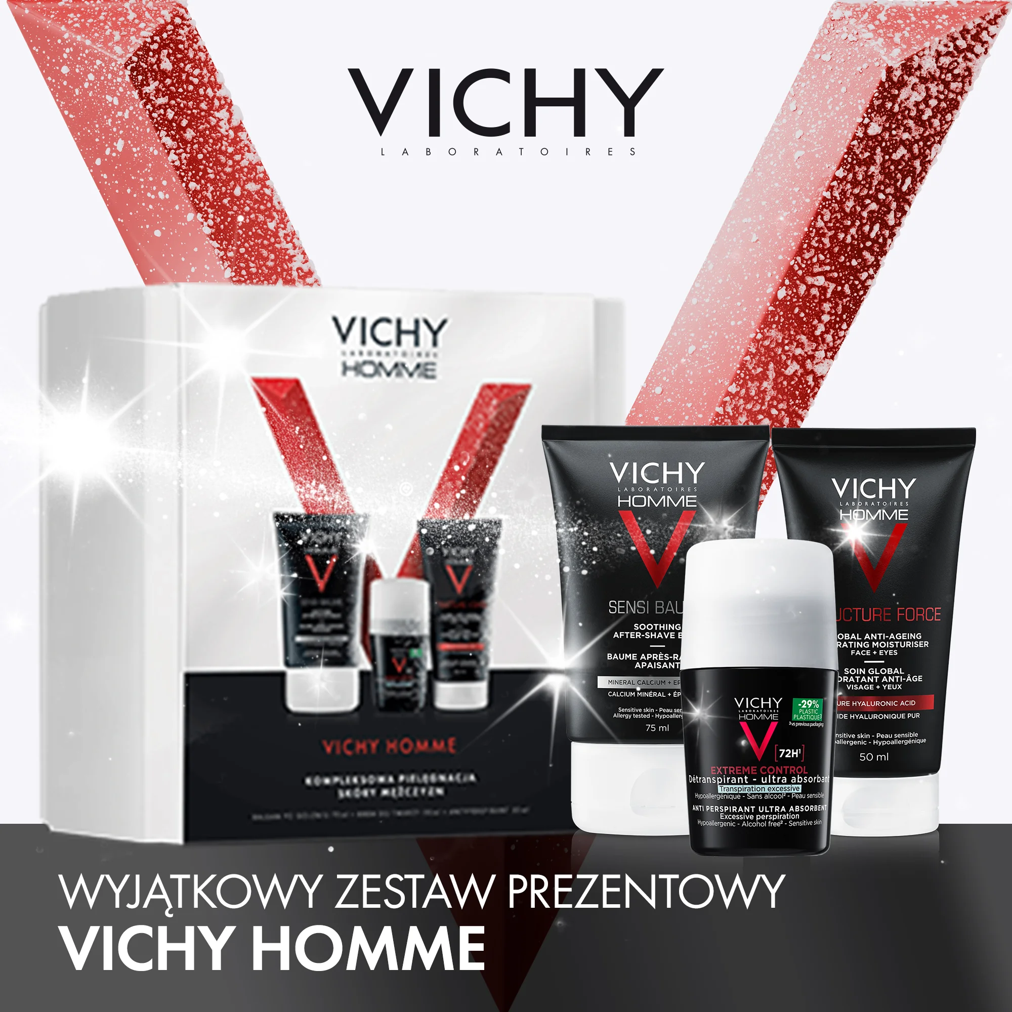 Vichy Homme Zestaw balsam po goleniu, 75 ml + krem przeciwzmarszczkowy, 50 ml + antyperspirant, 50 ml