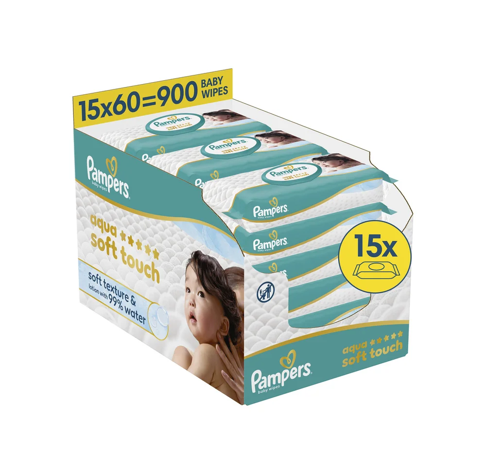 Pampers Aqua Soft Touch chusteczki nawilżane dla dzieci, 15 x 60 sztuk