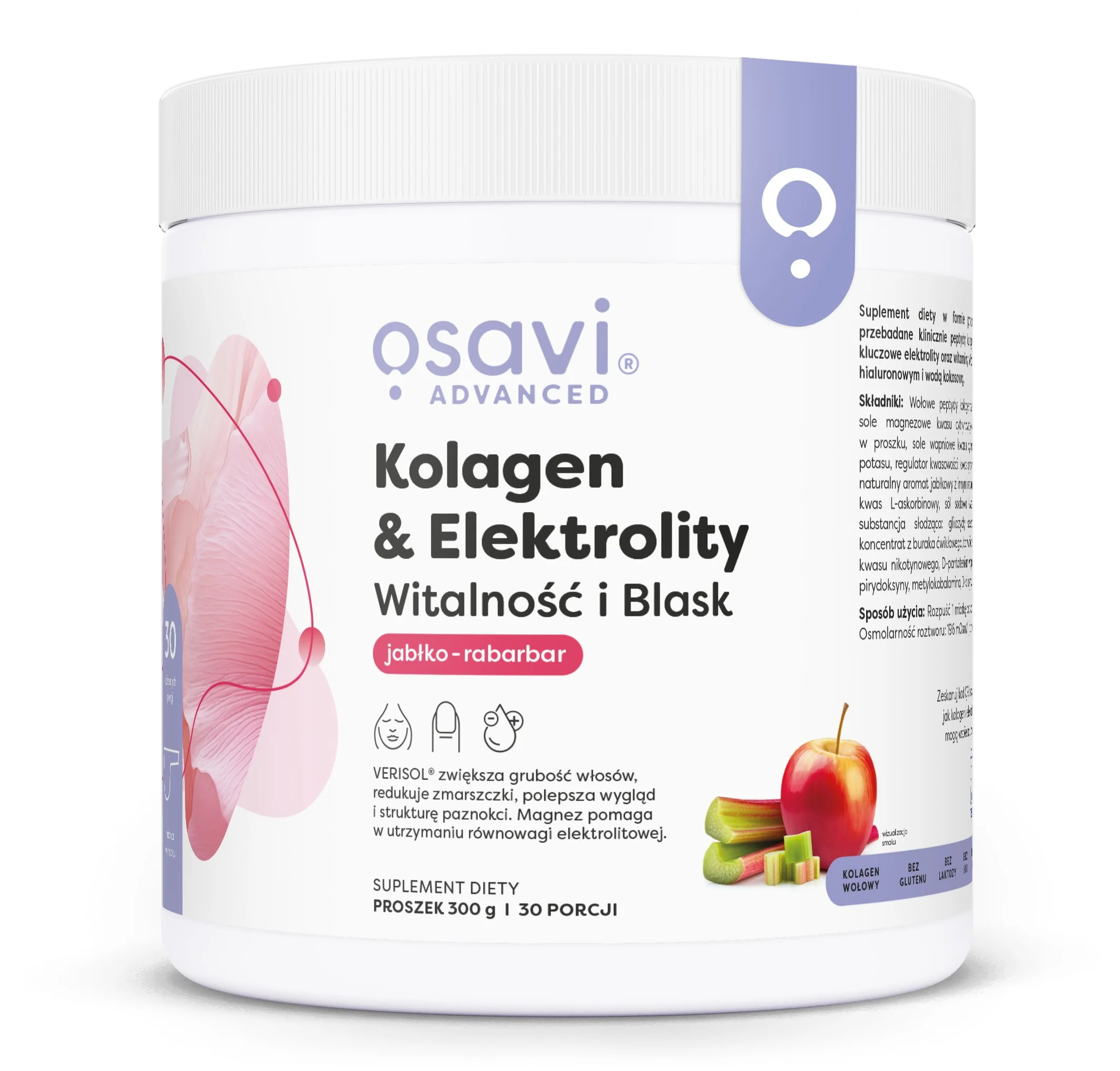 Osavi Kolagen & Elektrolity Witalność i Blask jabłko & rabarbar, proszek, 300 g