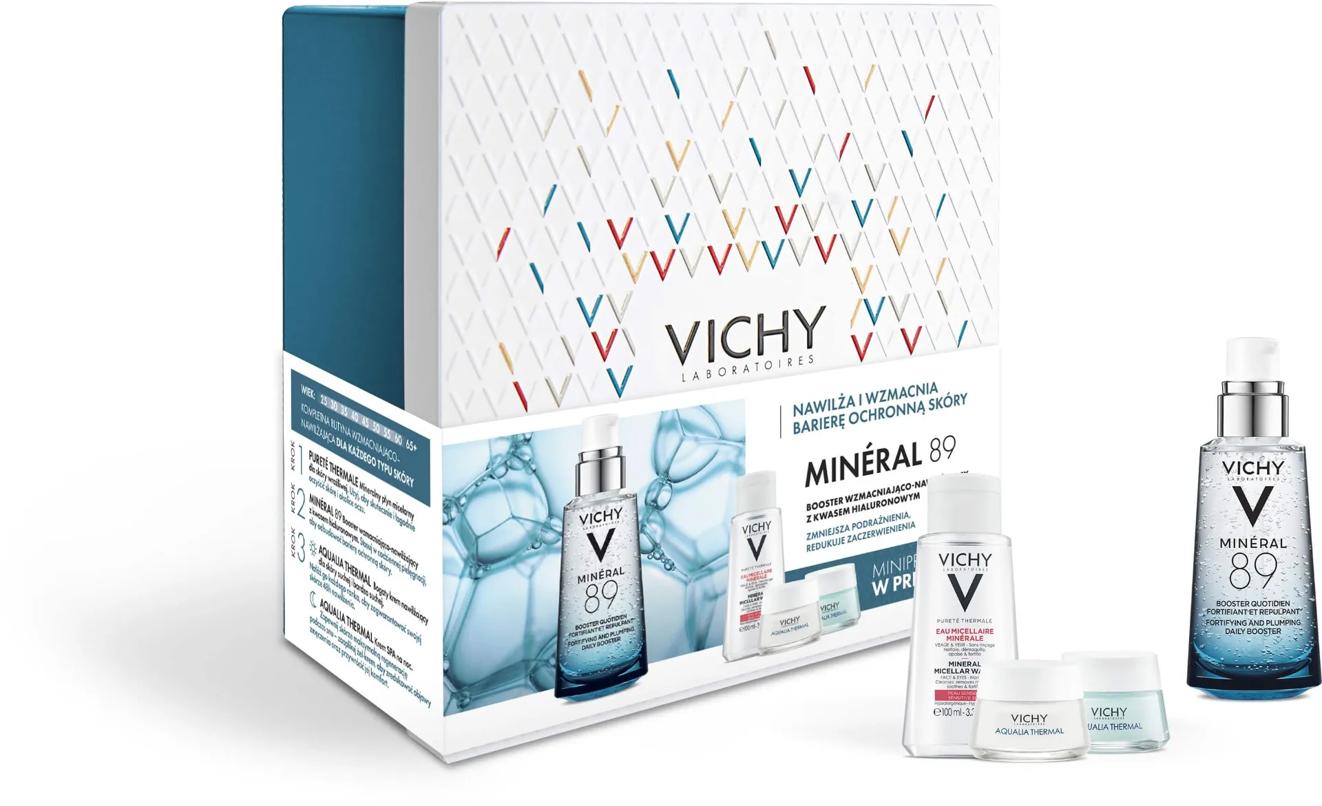 Vichy Zestaw Mineral89, booster wzmacniająco-nawilżający z kwasem hialuronowym, 50ml+ mineralny płyn micelarny dla skóry wrażliwej, 100ml+ bogaty krem nawilżający na dzień dla skóry suchej i bardzo suchej, 15 ml + krem SPA na noc, 15 ml
