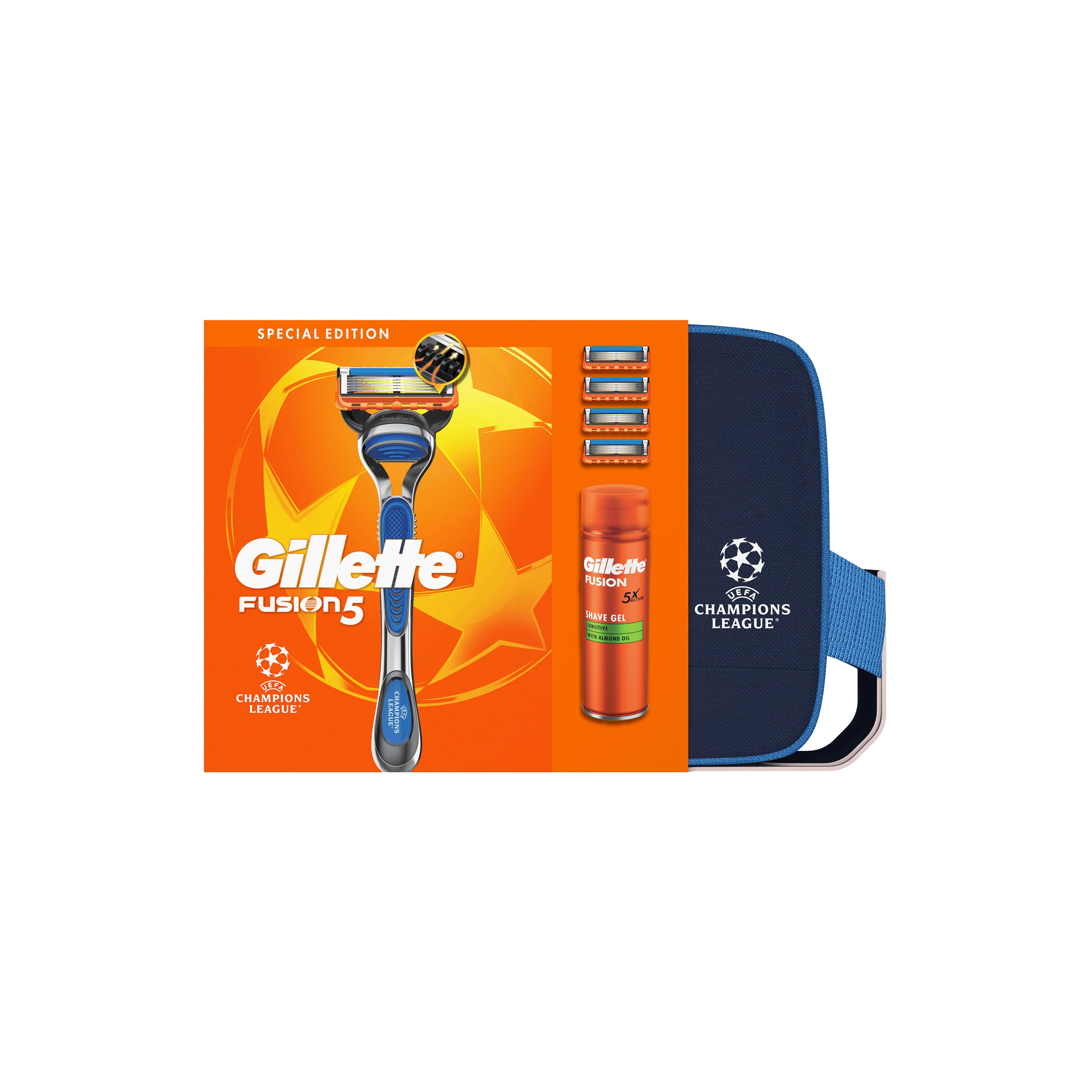 Gillette Fusion5 UEFA Champions League Special Edition Zestaw maszynka do golenia + 4 głowice + żel do golenia, 200 ml