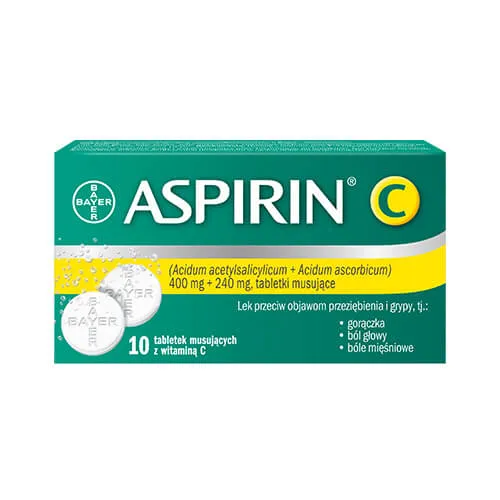 Aspirin C, Acidum acetylosalicylium + Acidum ascorbicum, 400 mg + 240 mg, tabletki musujące, 10 tabletek 