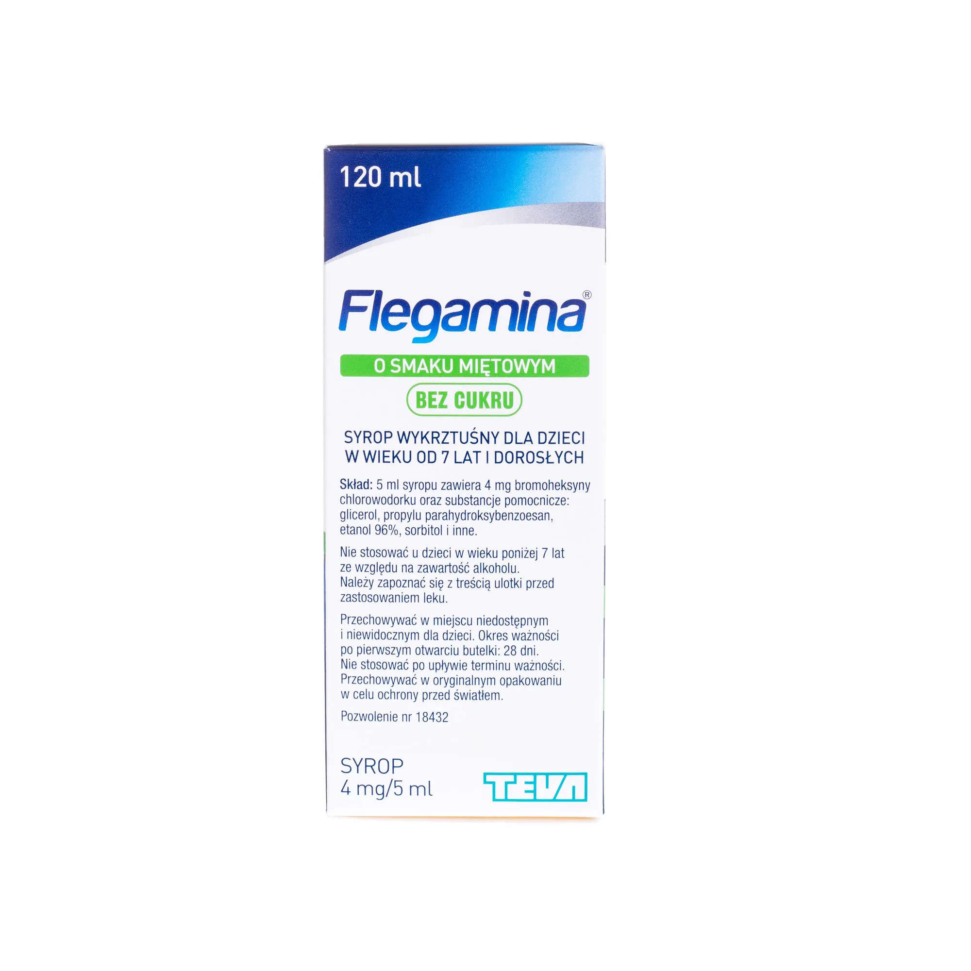 Flegamina, o smaku miętowym bez cuktru Bromhexini hydrochloridum 4 mg/ 5 ml syrop, 120 ml 