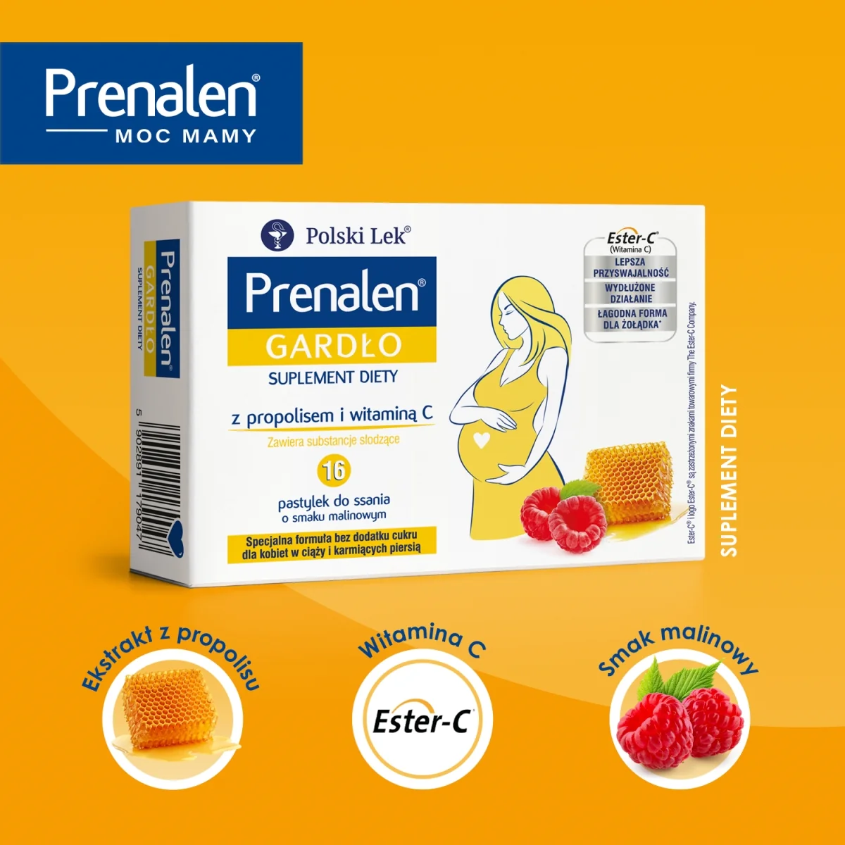 Prenalen Gardło suplement diety w postaci pastylek do ssania, specjalna formuła bez cukru, 16 pastylek