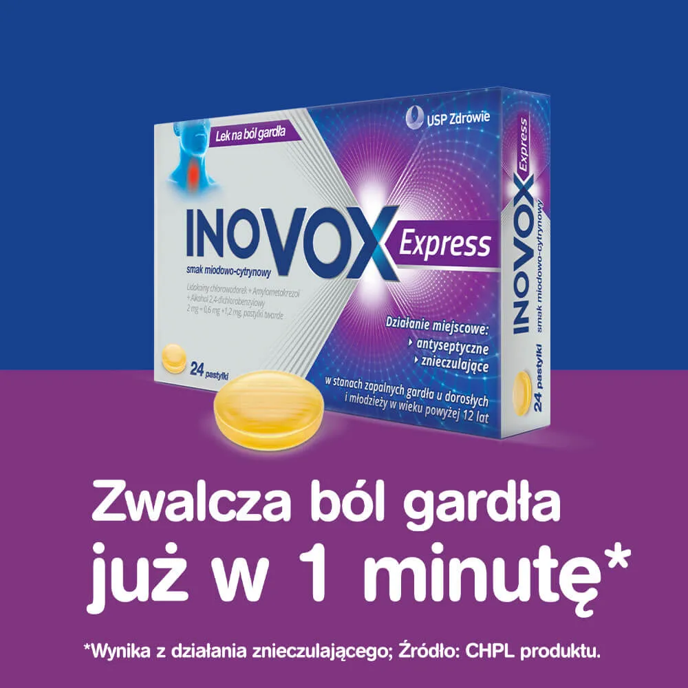 Inovox Express - 24 pastylki miejscowo łagodzace ból gardła, smak miodowo-cytrynowy 