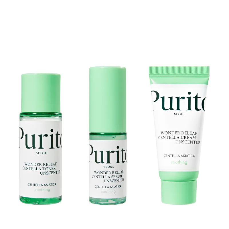 Purito Wonder Releaf Centella zestaw mini kosmetyków bezzapachowych z wąkrotą azjatycką - toner, 30 ml + serum 15, ml + krem, 12 ml