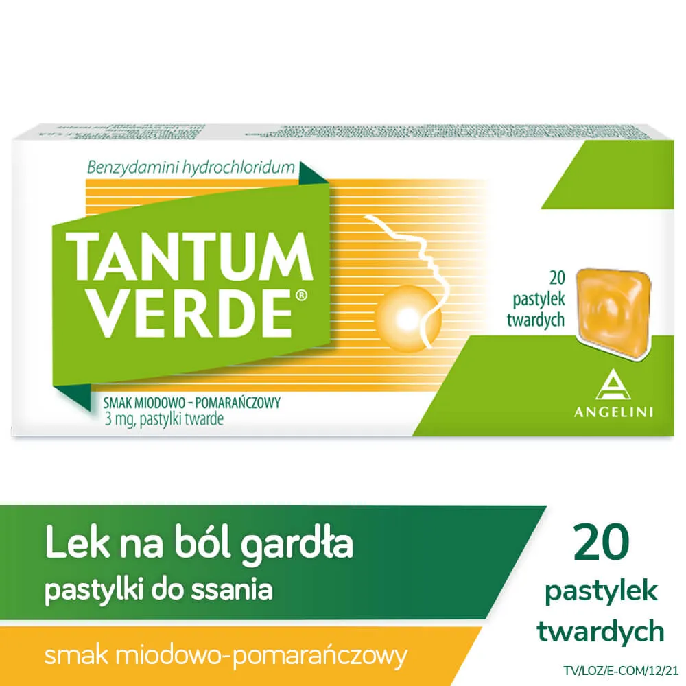 Tantum Verde , benzydamini hydrochloridum 3 mg, smak miodowo pomarańczowy, 20 pastylek twardych