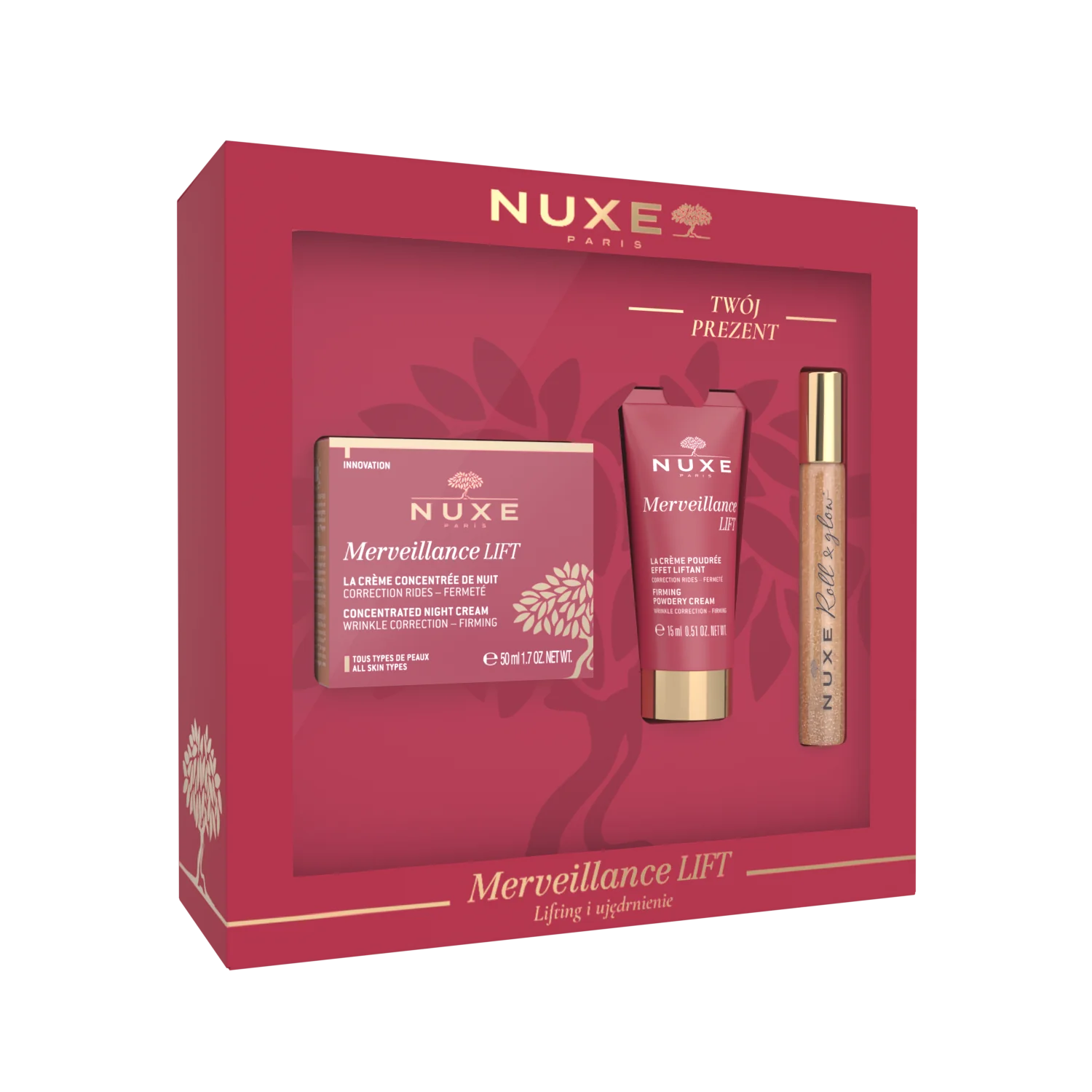 Nuxe Merveillance Lift zestaw krem na noc 50 ml + rozświetlający krem liftingujący, 15 ml + Roll On Huile Prodigieuse Or, 8 ml