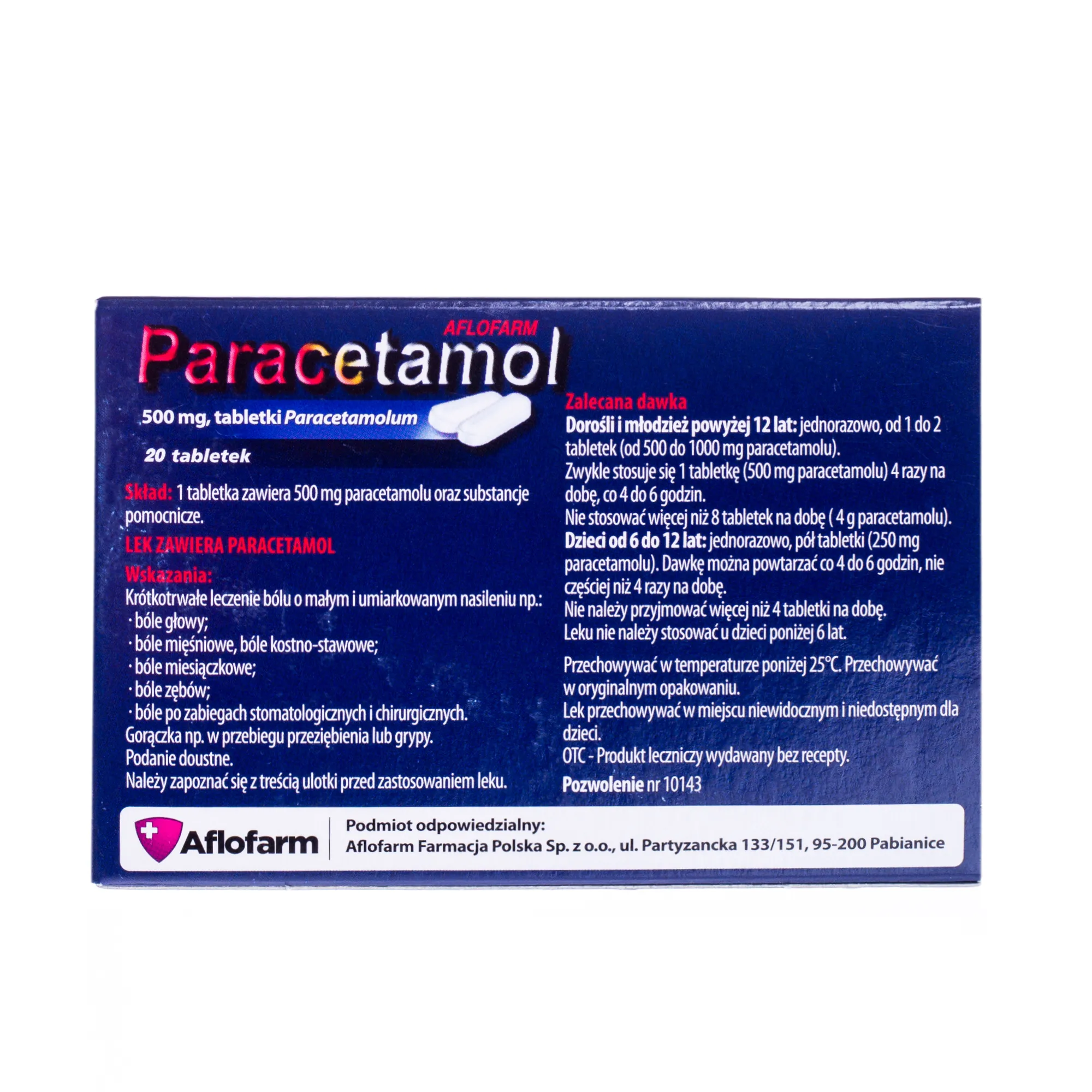 Paracetamol Aflofarm, 500 mg, lek przeciwbólowy i przeciwgorączkowy, 20 tabletek 