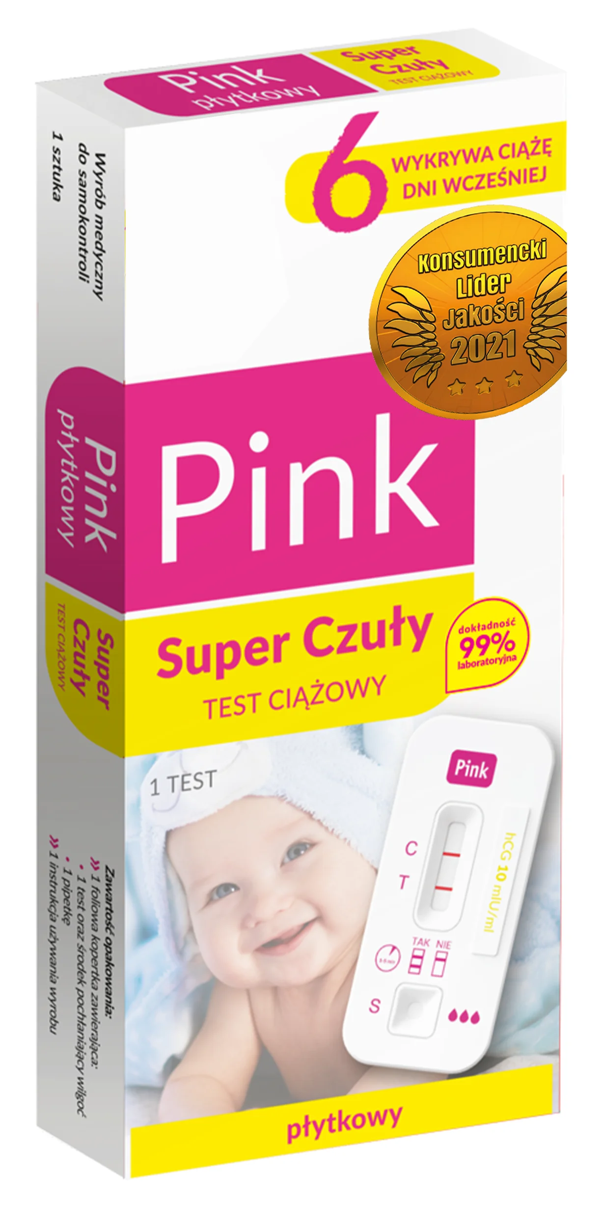 PINK Płytkowy Super Czuły 10 mlU/ml test ciążowy, 1 sztuka