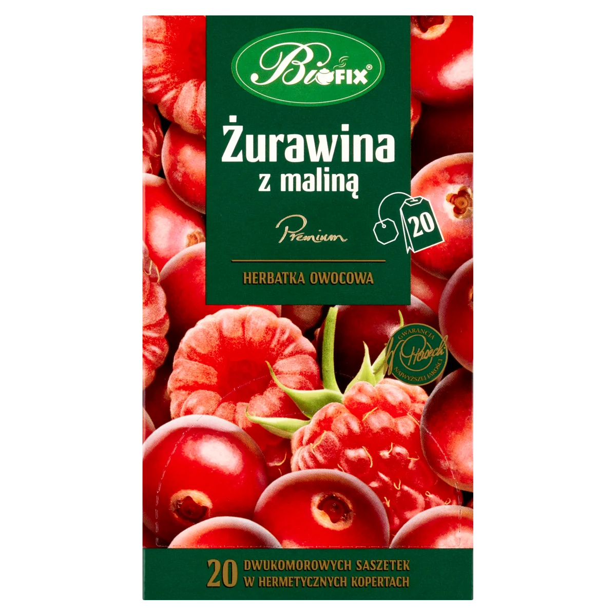 BiFIX Premium Żurawina z Maliną herbatka owocowa ekspresowa, 20 x 2,0 g