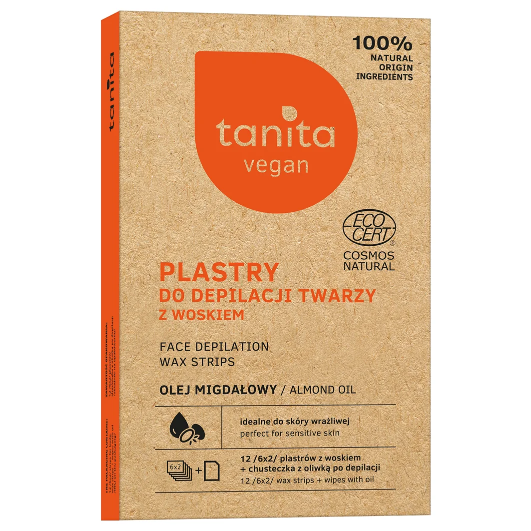 Tanita Vegan plastry do depilacji twarzy z woskiem, 12 szt. + chusteczka z oliwką po depilacji