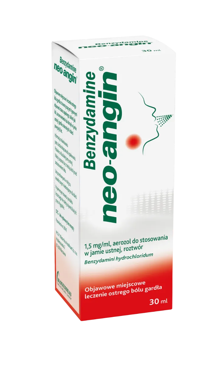 Benzydamine neo-angin, 1,5 mg/ml, aerozol do stosowania w jamie ustnej, roztwór, 30 ml