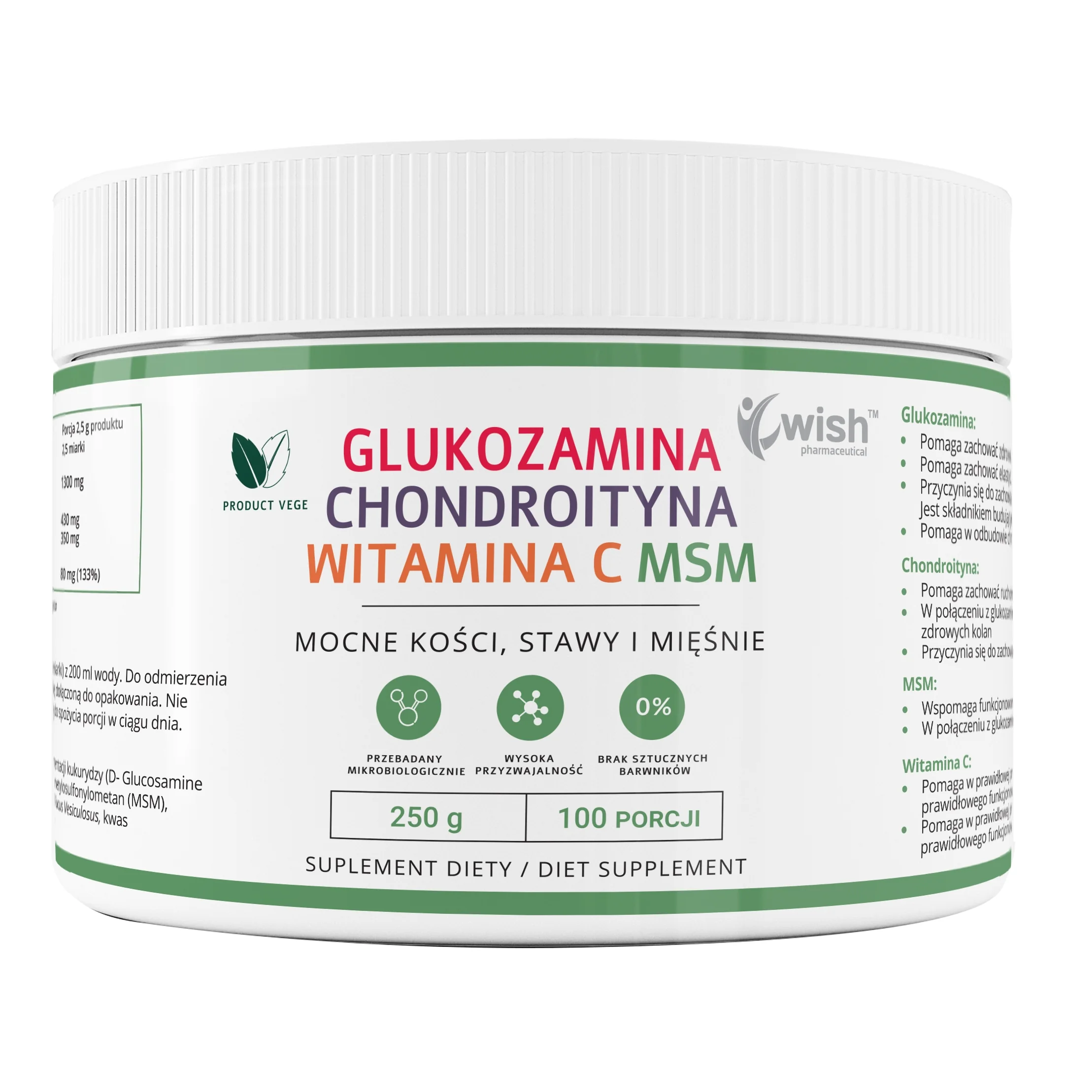 Wish Glukozamina Chondroityna Witamina C MSM proszek, 250 g