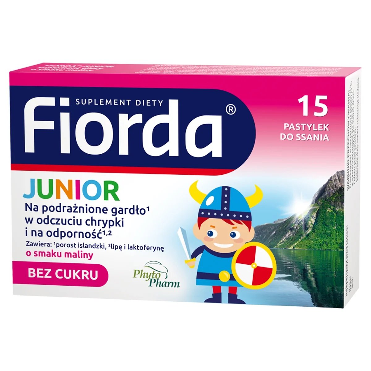 Fiorda Junior pastylki do ssania o smaku malinowym, 15 sztuk