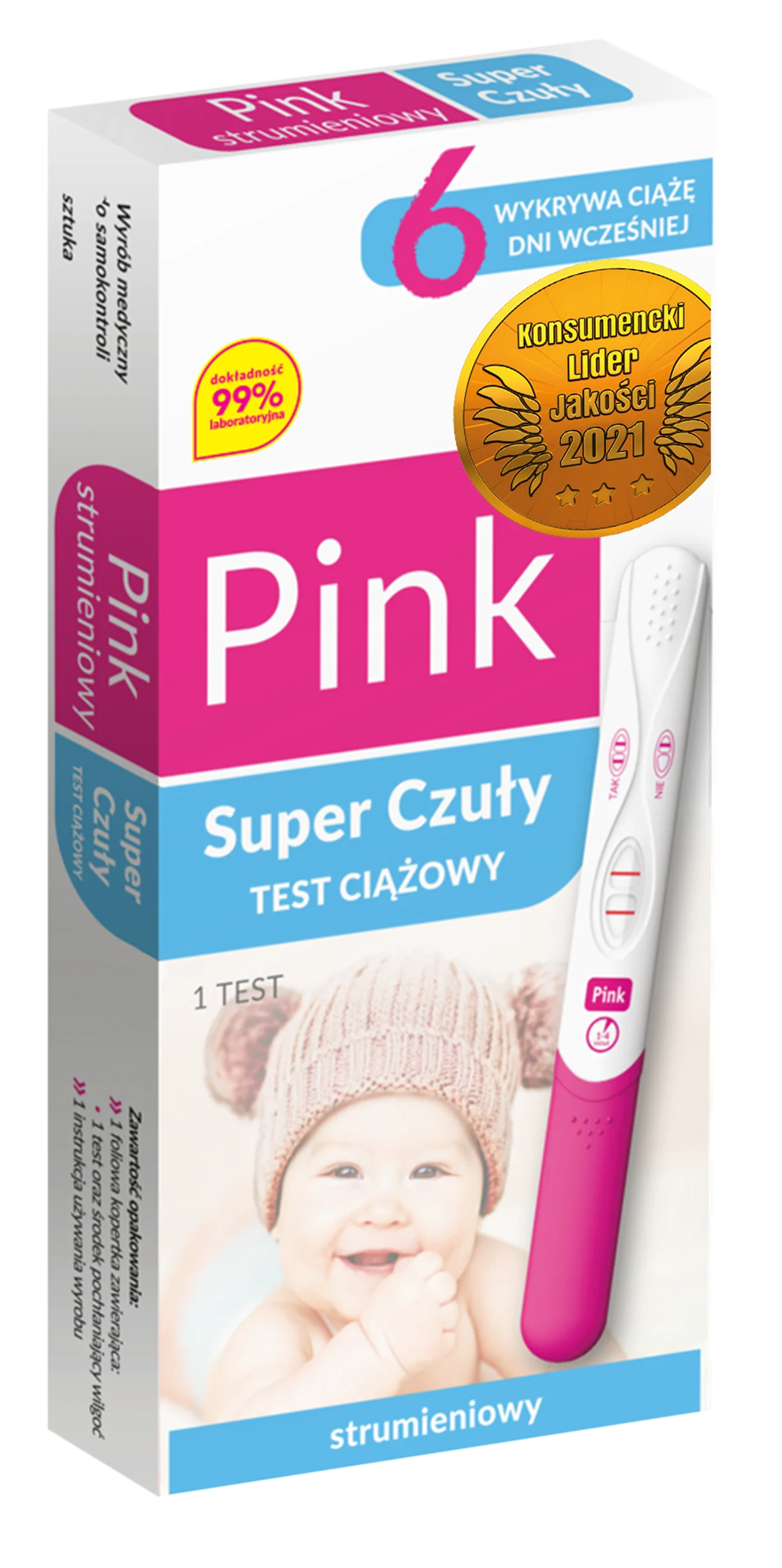 PINK Strumieniowy Super Czuły 10 mIU/ml test ciążowy, 1 sztuka