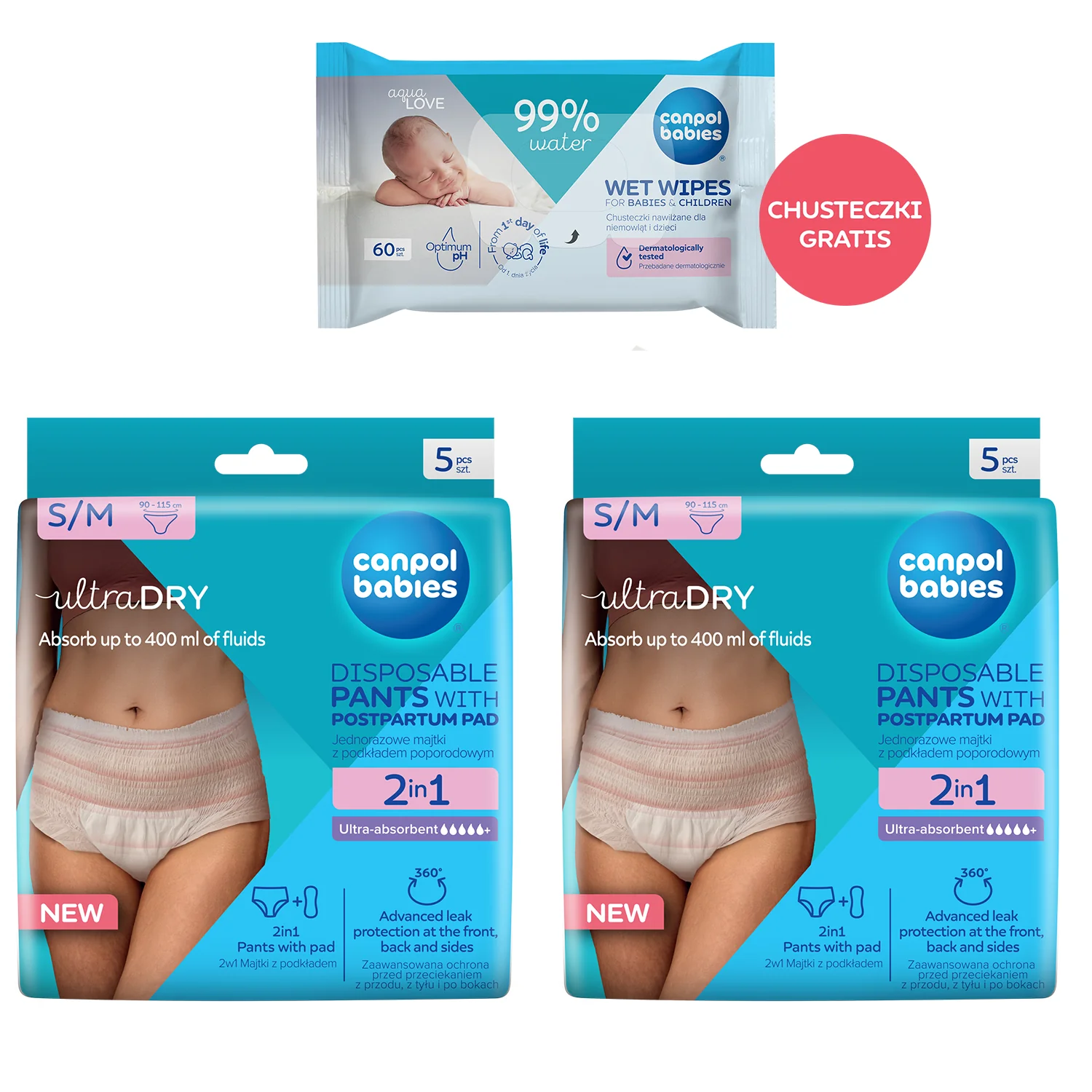 Canpol babies ultraDRY Zestaw oddychające majtki jednorazowe z podkładem poporodowym S/M, 2 x 5 sztuk + chusteczki nawilżające, 60 sztuk GRATIS