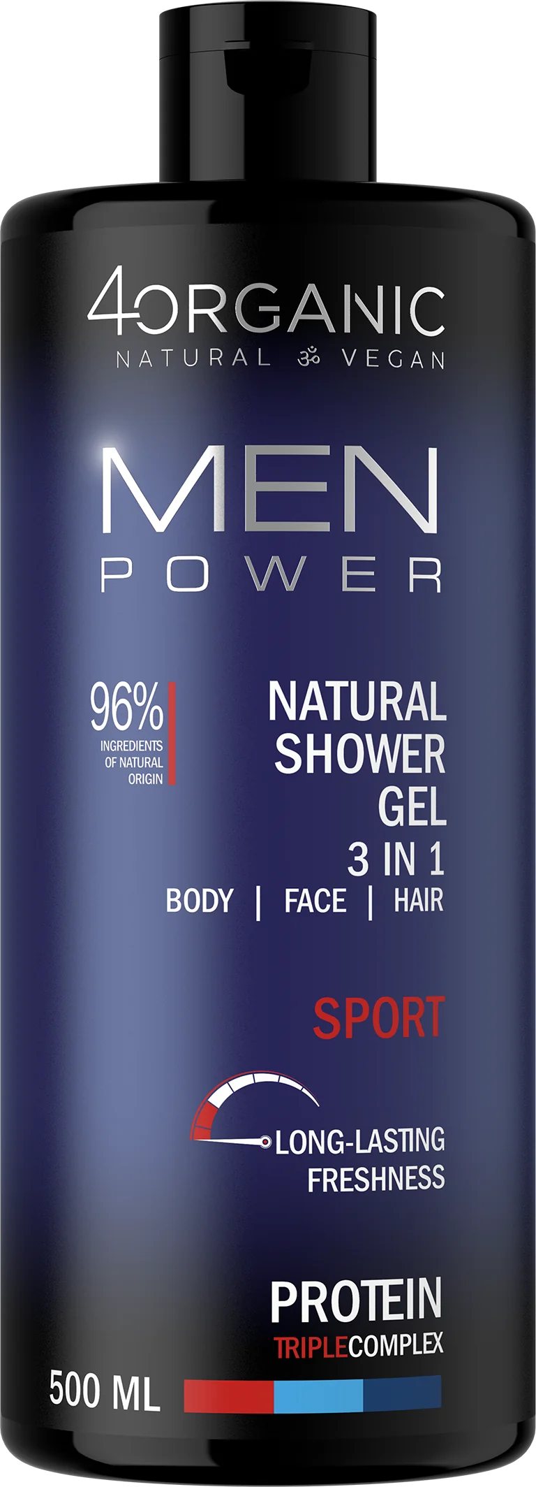 4organic MEN POWER Sport naturalny żel pod prysznic 3 w 1, 500 ml