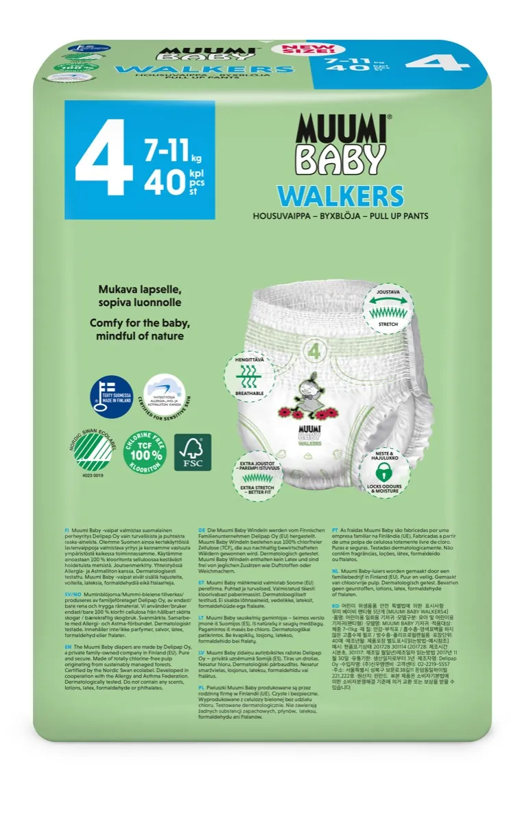 Muumi Baby  Walkers 4, Pieluchomajtki Ekologiczne 7-11 KG, 40 szt. 