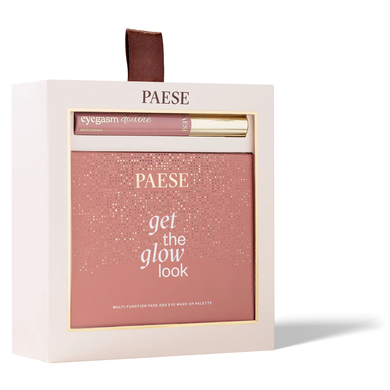 Paese zestaw świąteczny Double Glow Look paleta Get The Glow Look, 16 g + maskara Eyegasm Double, 12 ml