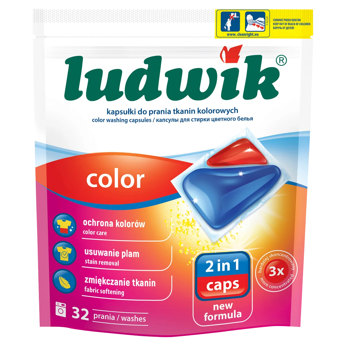 Ludwik kapsułki do prania tkanin kolorowych Color 2 in 1, 32 szt.