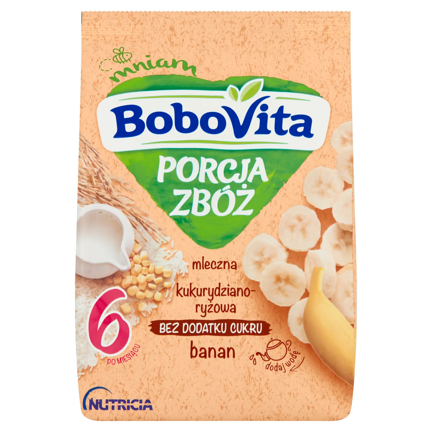 BoboVita Porcja Zbóż, kaszka mleczna kukurydziano-ryżowa banan po 6 miesiącu, 210 g
