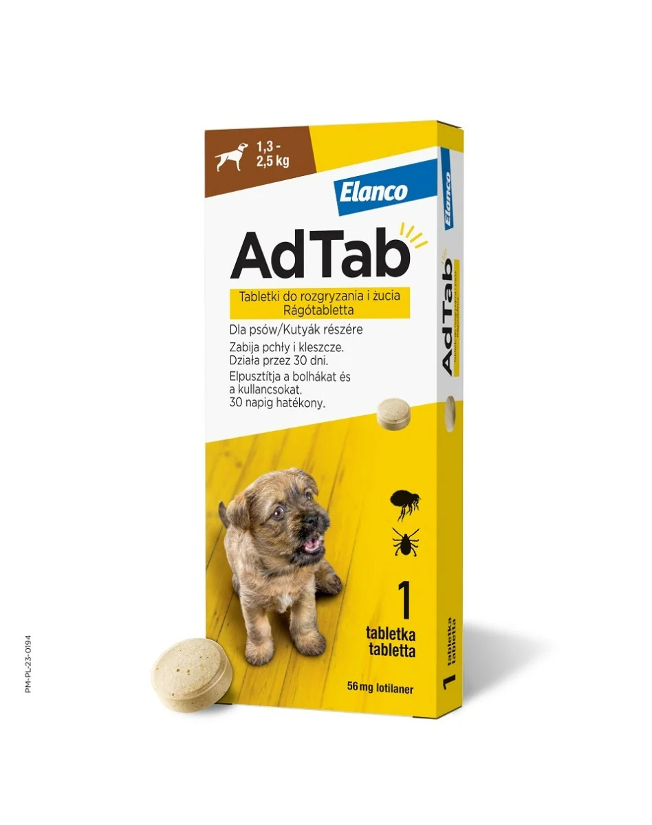 AdTab 56 mg, tabletki do rozgryzania i żucia dla psów (1,3–2,5 kg), 1 sztuka