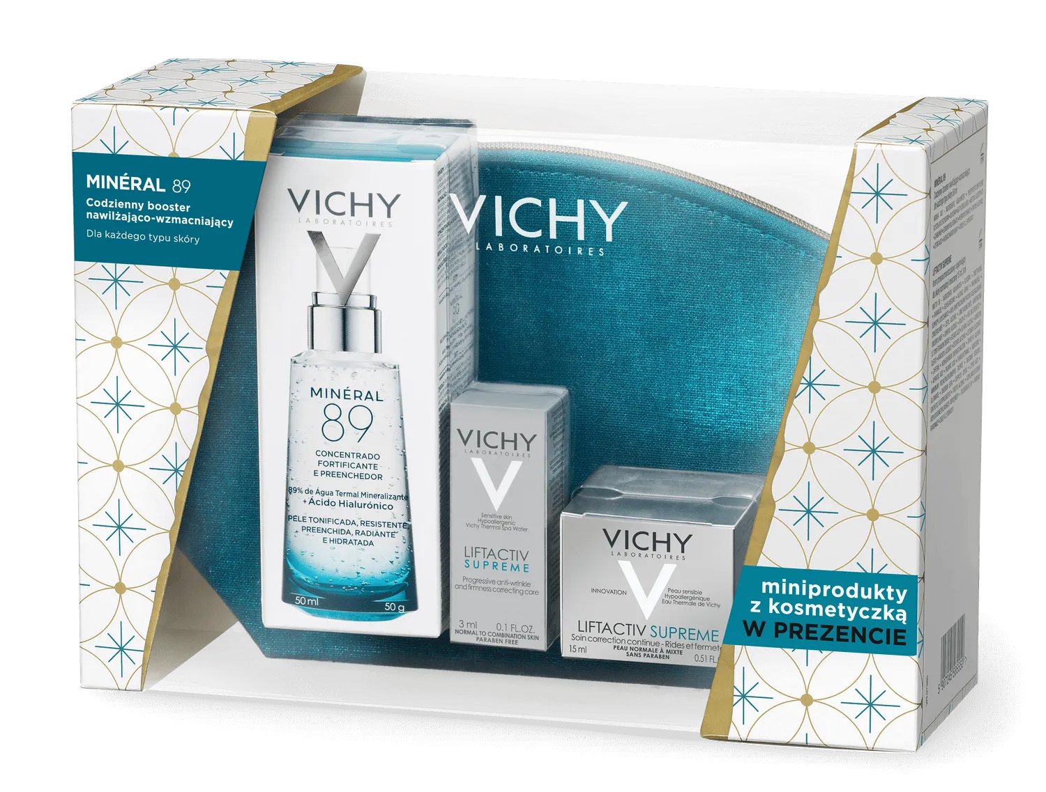 Vichy zestaw Mineral 89, codzienny booster nawilżająco-wzmacniający, 50 ml + krem przeciwzmarszczkowy na dzień dla skóry normalnej i mieszanej Liftactiv Supreme, 15 ml +3 ml