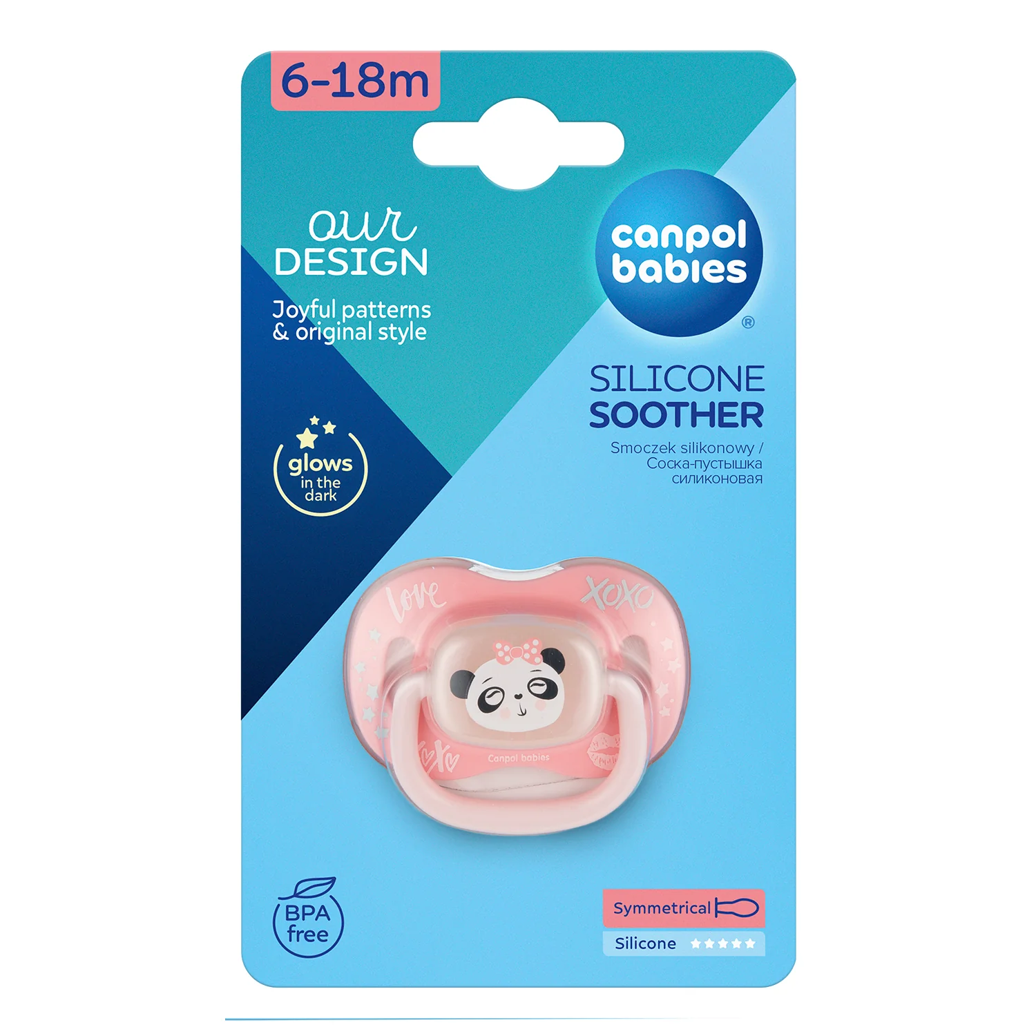 Canpol Babies ourDESIGN Smoczek silikonowy 6-18m symetryczny PANDA, 1 sztuka