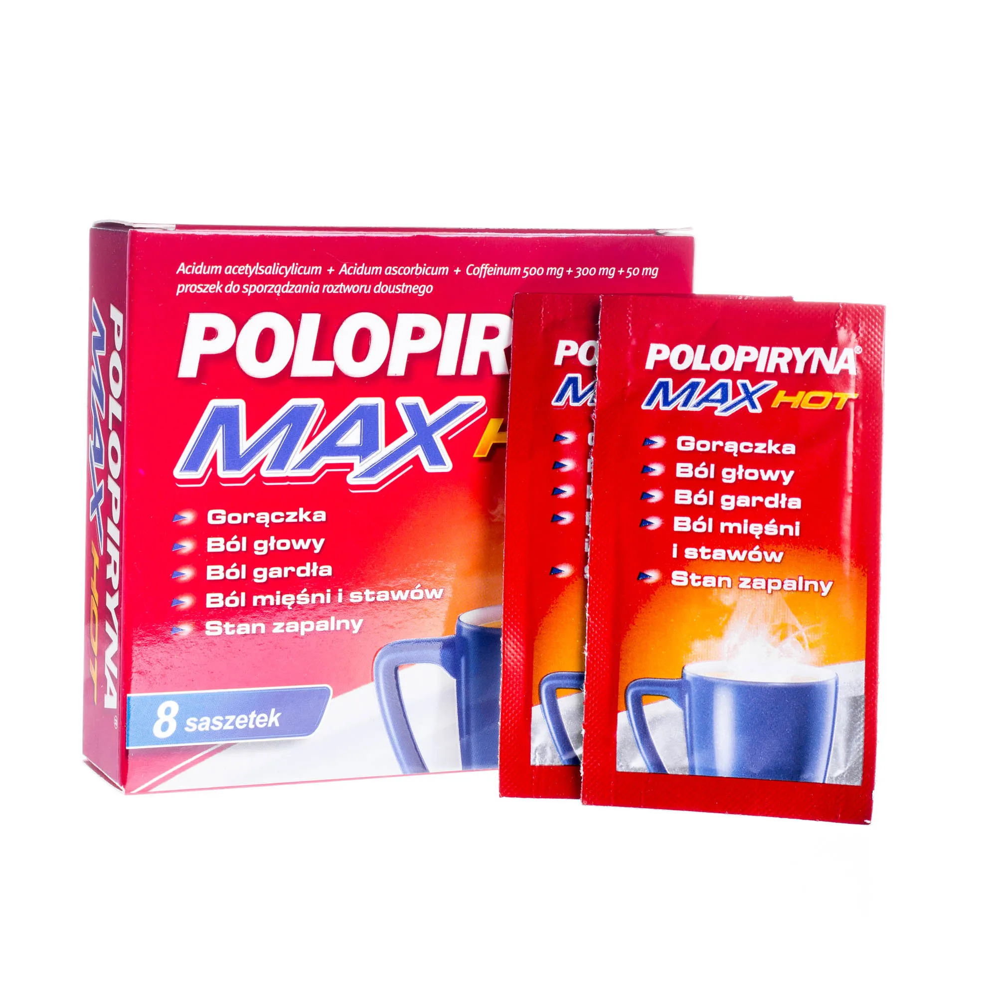 Polopiryna MAX Hot, 500 mg + 300 mg + 50 mg, 8 saszetek 