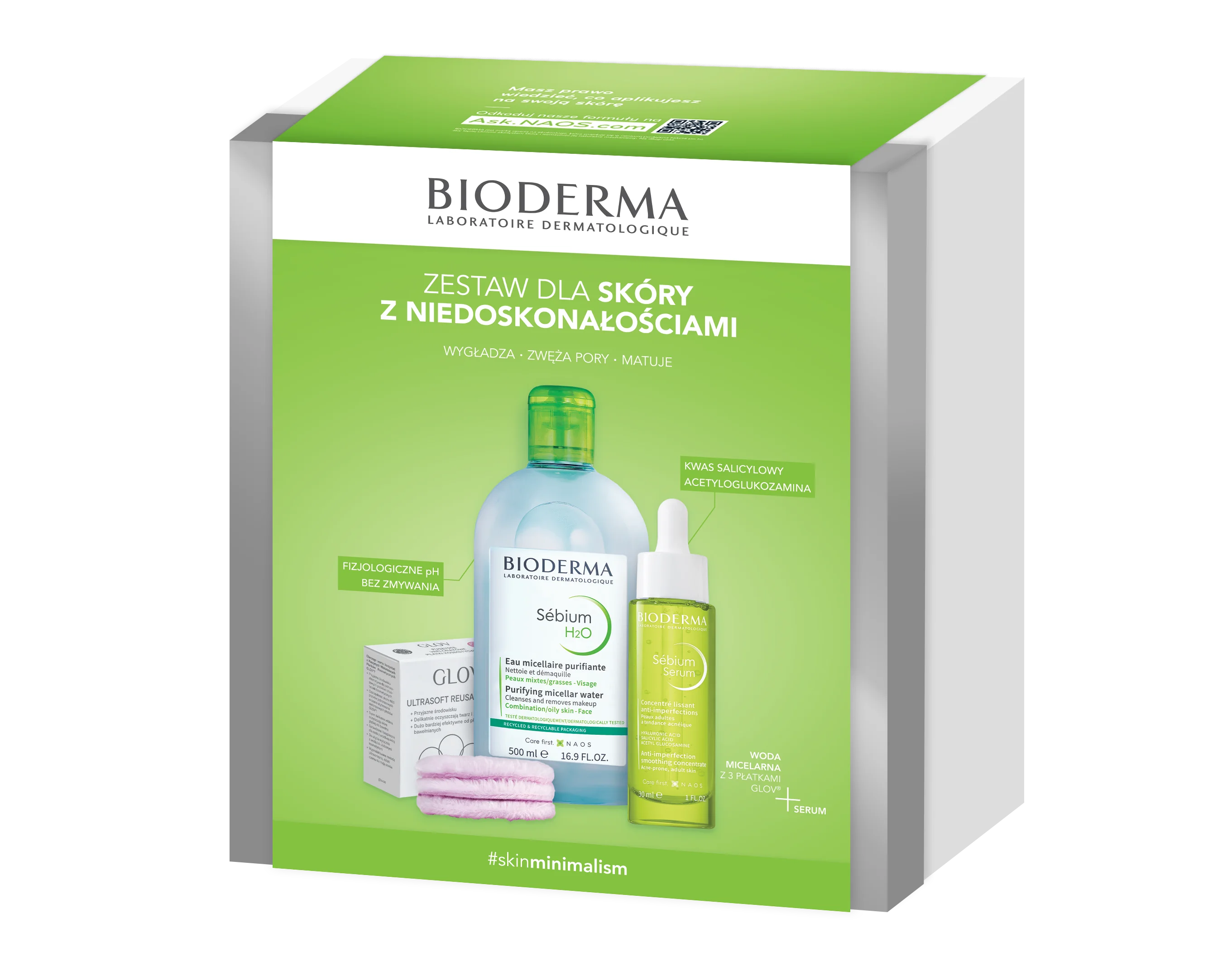 Bioderma zestaw woda micelarna Sébium H2O + serum Sébium + wielorazowy wacik GLOV