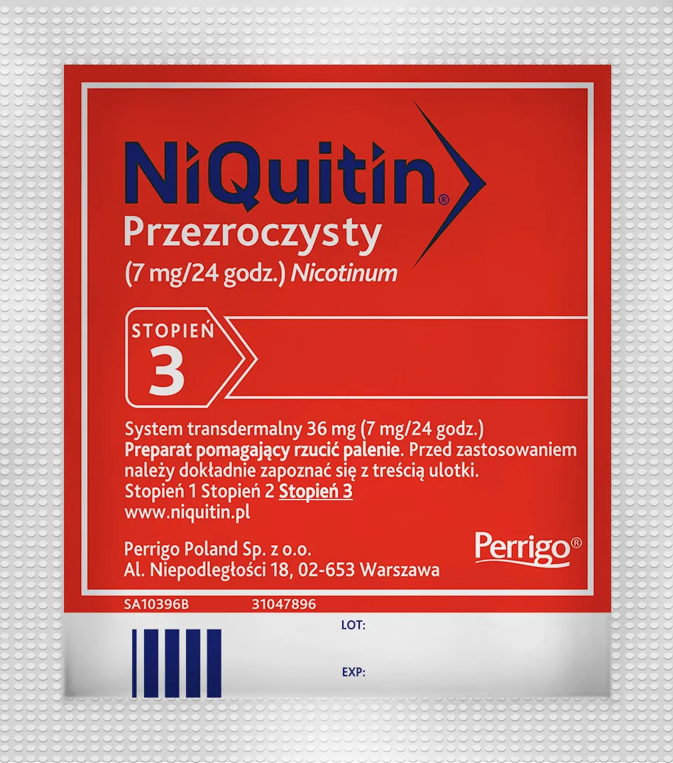 Niquitin przezroczysty, 7 mg/24 h, lek wspomagający rzucanie palenia, 7 plastrów 