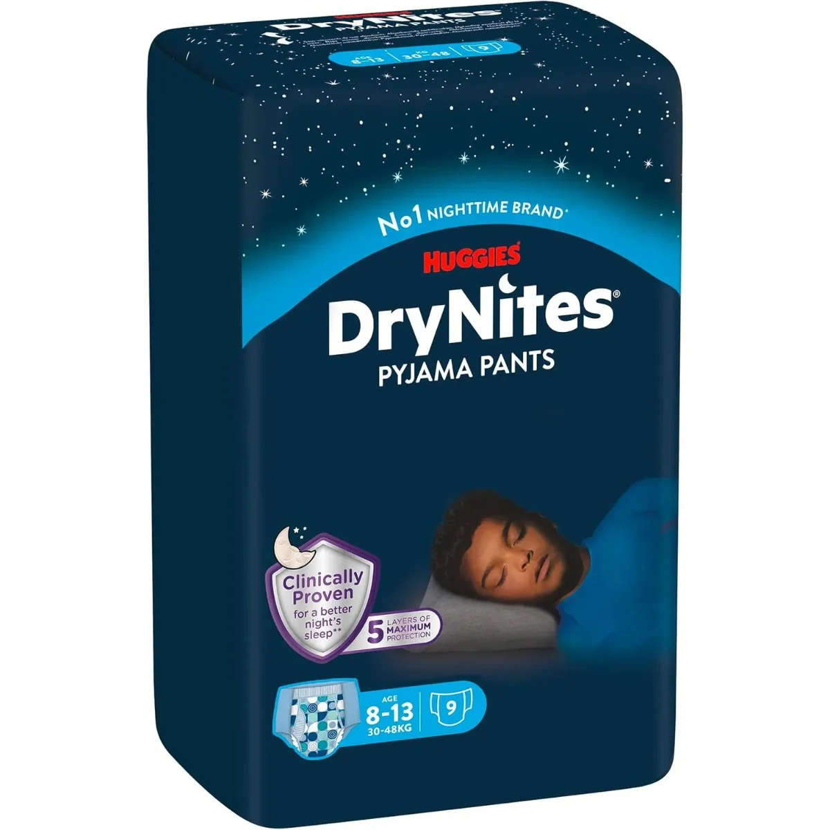 Huggies DryNites Boys majtki na noc dla chłopców, 8 -13 lat, 30-48 kg, 9 sztuk