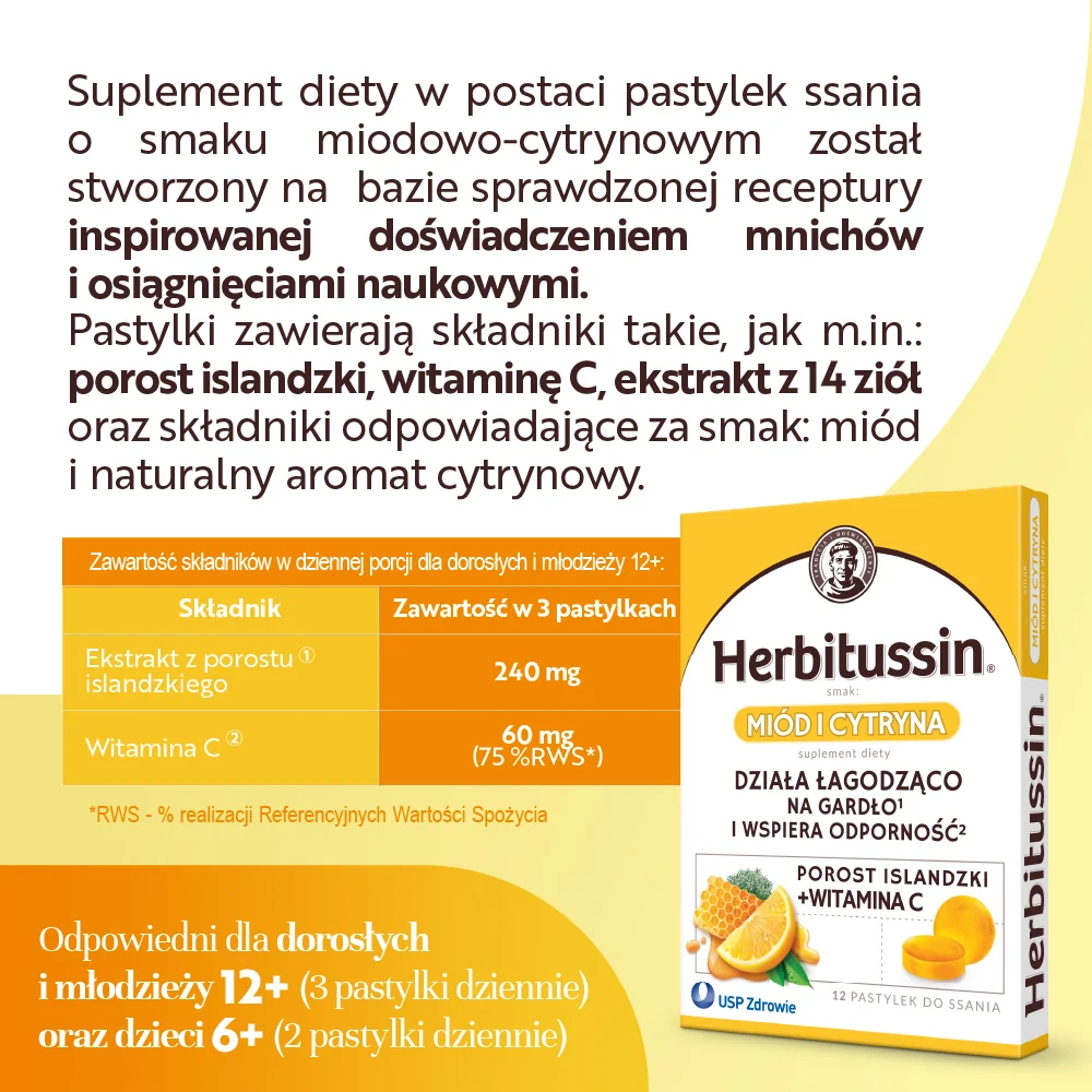 Herbitussin Miód i Cytryna 12 pastylek do ssania