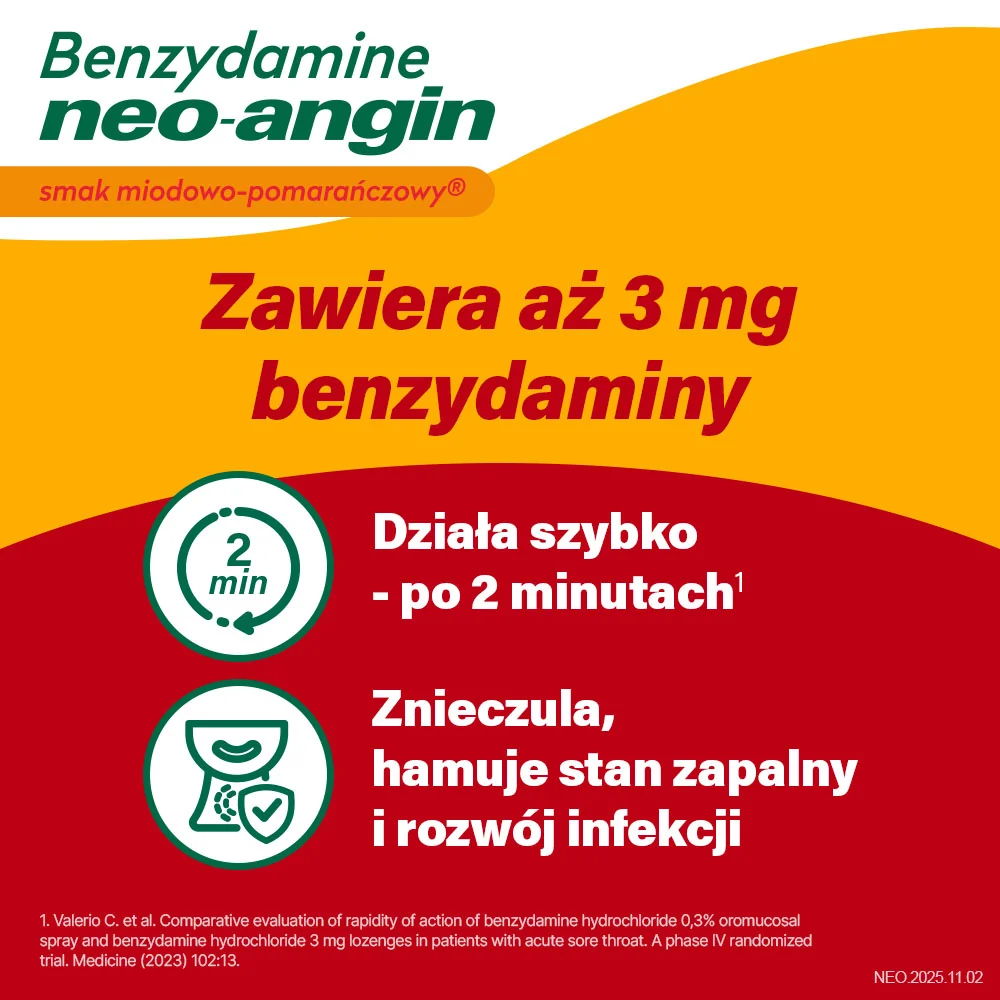 Benzydamine Neo-Angin 3 mg smak miodowo-pomarańczowy, 20 pastylek twardych