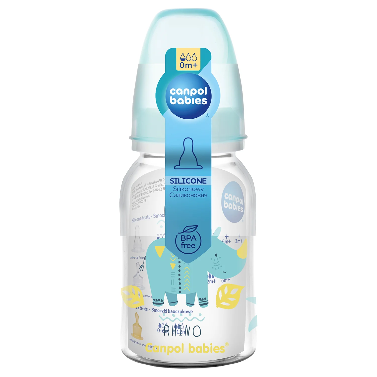 Canpol Babies Africa Baby Rhino turkusowa wąska butelka 120 ml, 1 sztuka