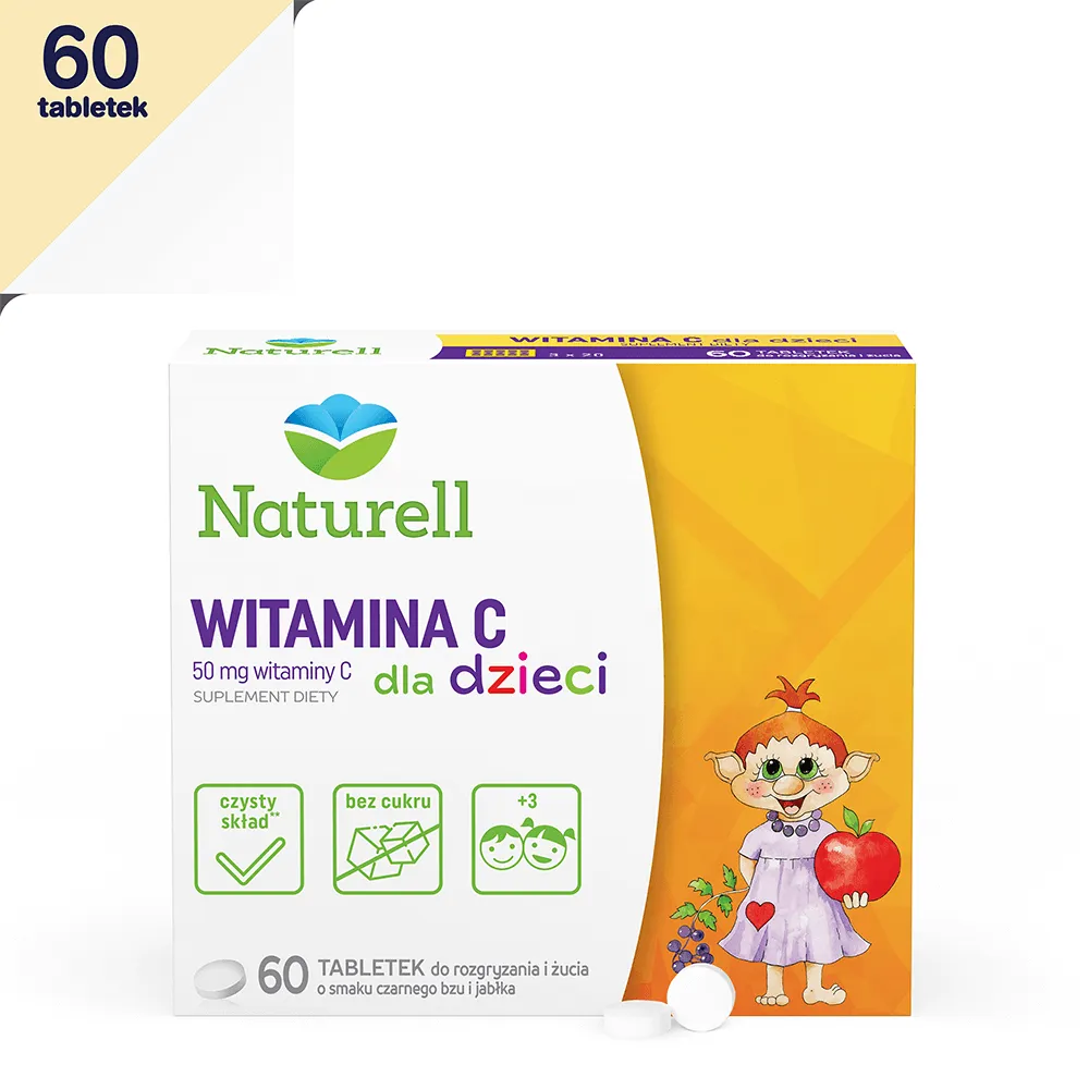 Naturell Witamina C dla dzieci, suplement diety, tabletki do rozgryzania i żucia, 60 sztuk
