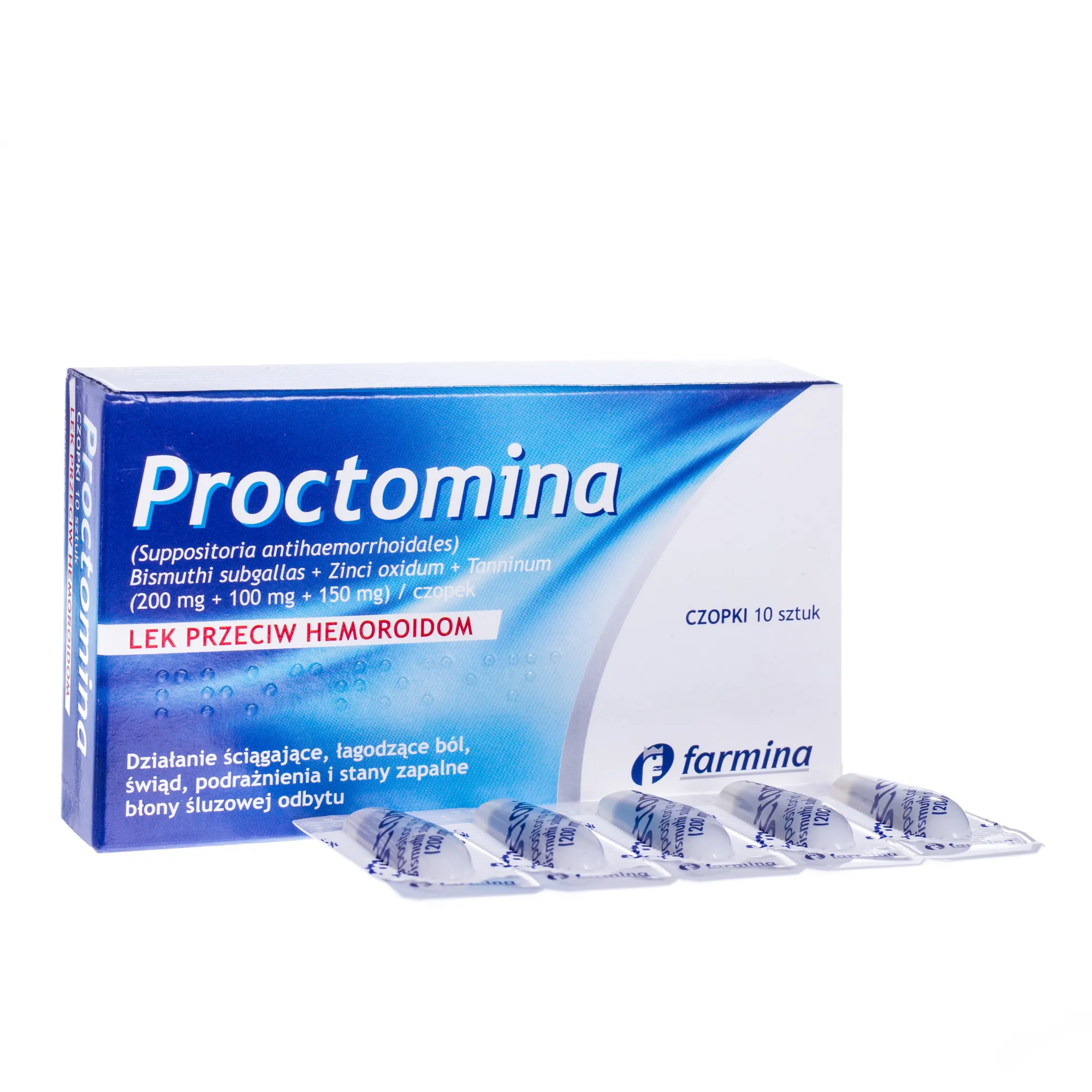 Proctomina, lek przeciw hemoroidom, 10 czopków