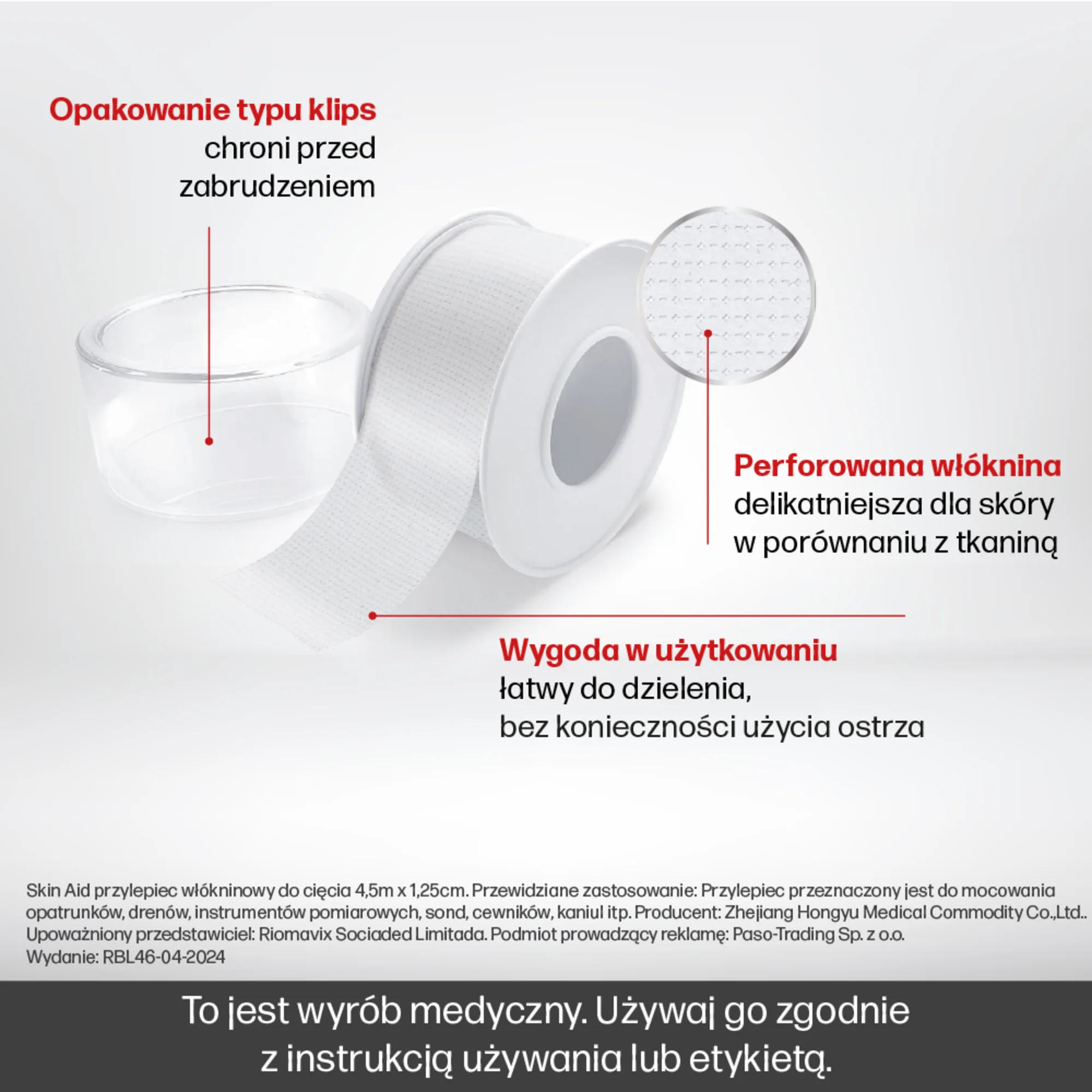 Skin Aid Przylepiec włókninowy 4,5 m x 1,25 cm, 1 sztuka