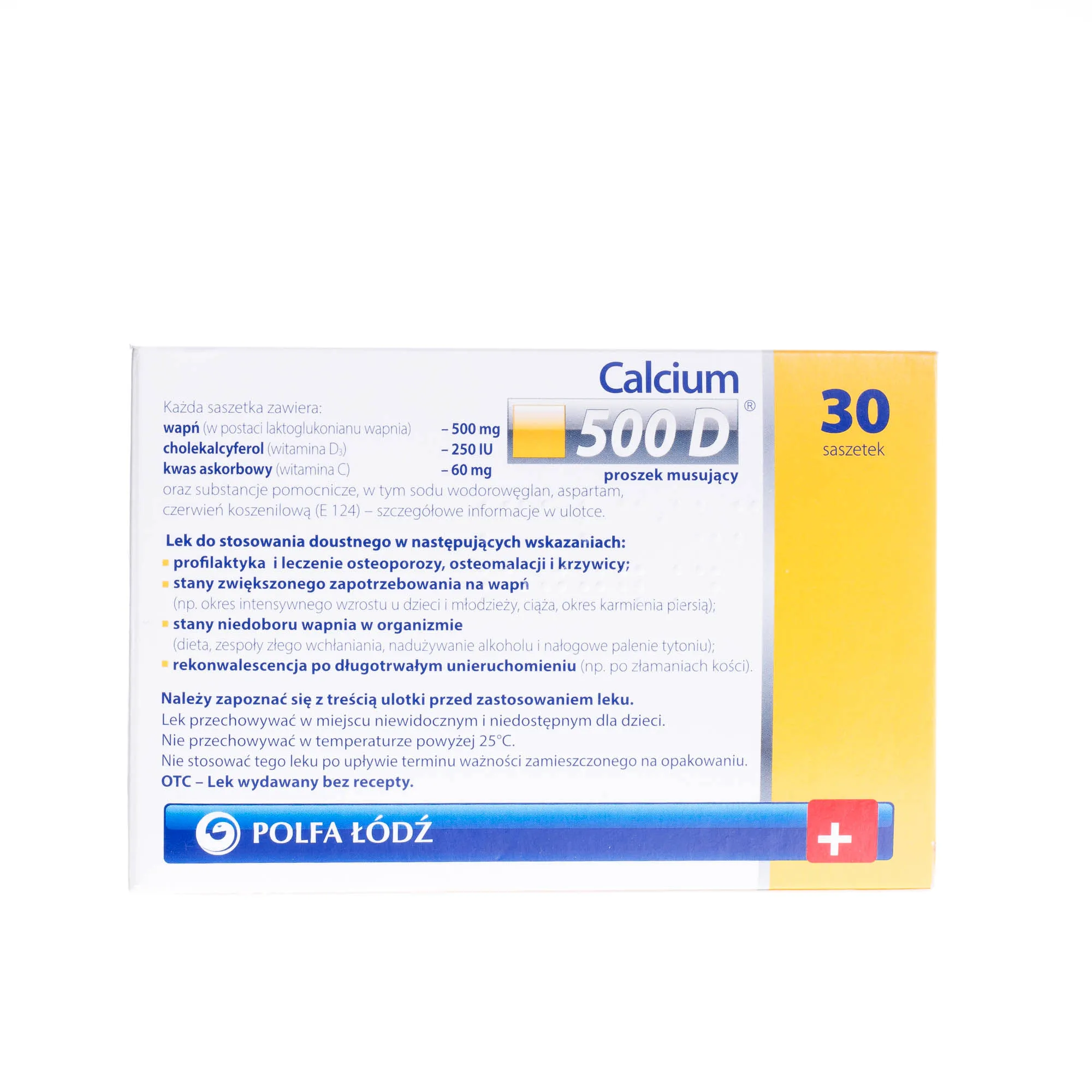 Calcium 500 D 500mg + 250 IU + 60 mg - 30 saszetek z proszkiem musującym stosowanym przy różnego schorzeniach wynikających z niedoboru wapnia 