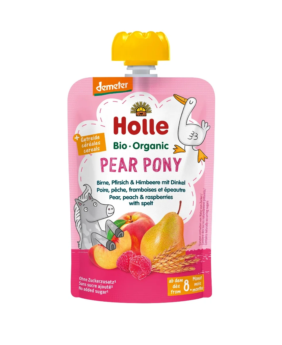 Holle BIO Pear Pony mus gruszkowy Kucyk z gruszek, brzoskwiń, malin i orkiszu dla niemowląt powyżej 8. miesiąca życia, 100 g
