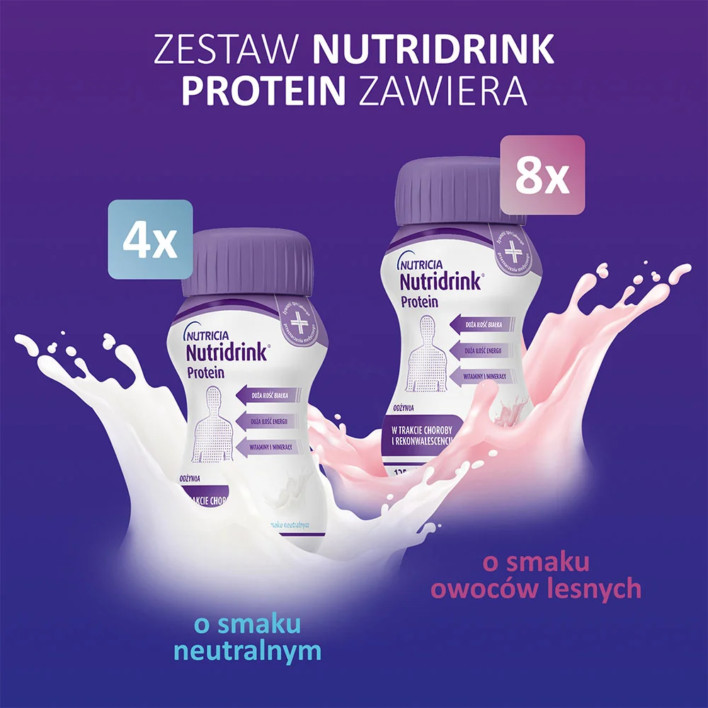 Nutridrink Protein Multipack o smaku neutralnym, 4 x 125 ml + o smaku owoców leśnych, 8 x 125 ml