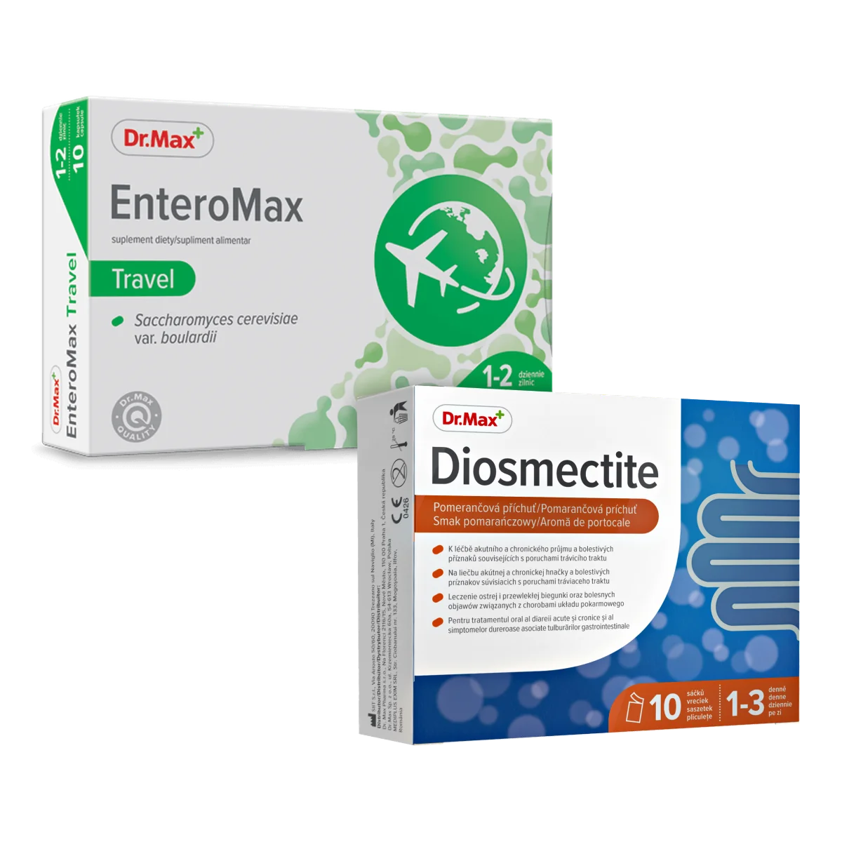Komplet troski o trawienie w podróży Diosmectite Dr. Max 10 saszetek + Enteromax Travel Dr. Max 10 kapsułek