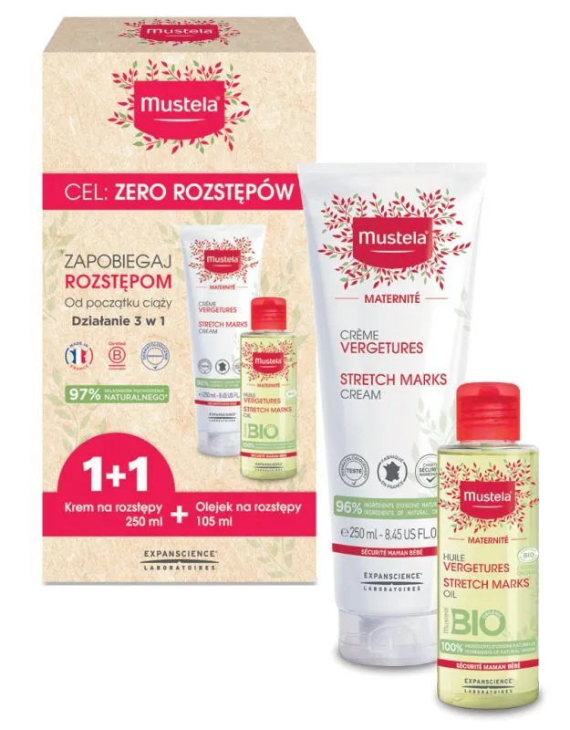 Mustela Maternite krem na rozstępy, 250 ml + olejek na rozstępy, 105 ml