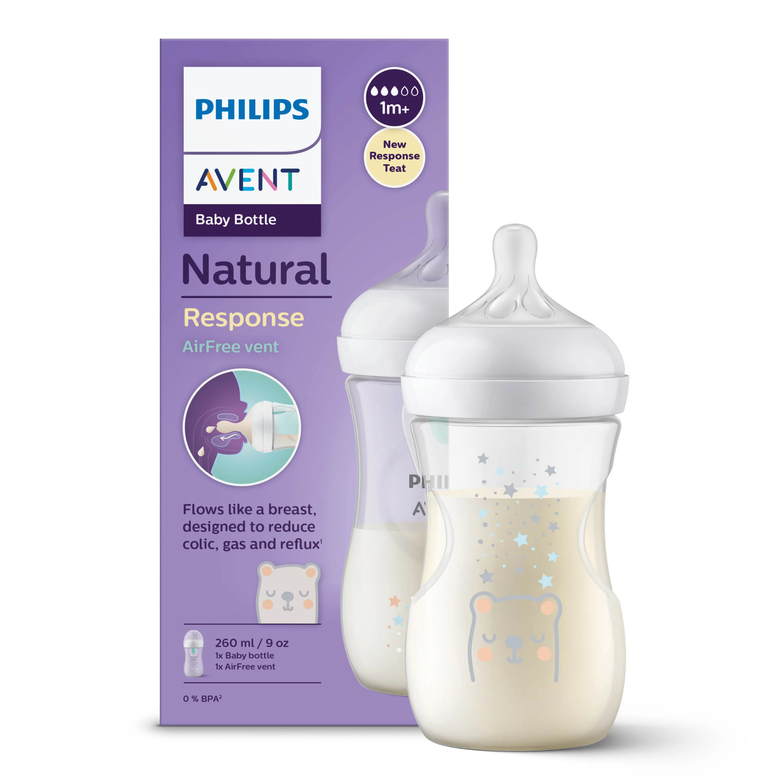 Philips Avent Natural Response butelka responsywna z wentylem AirFree z gwiazdkami SCY673/82, 1 szt.