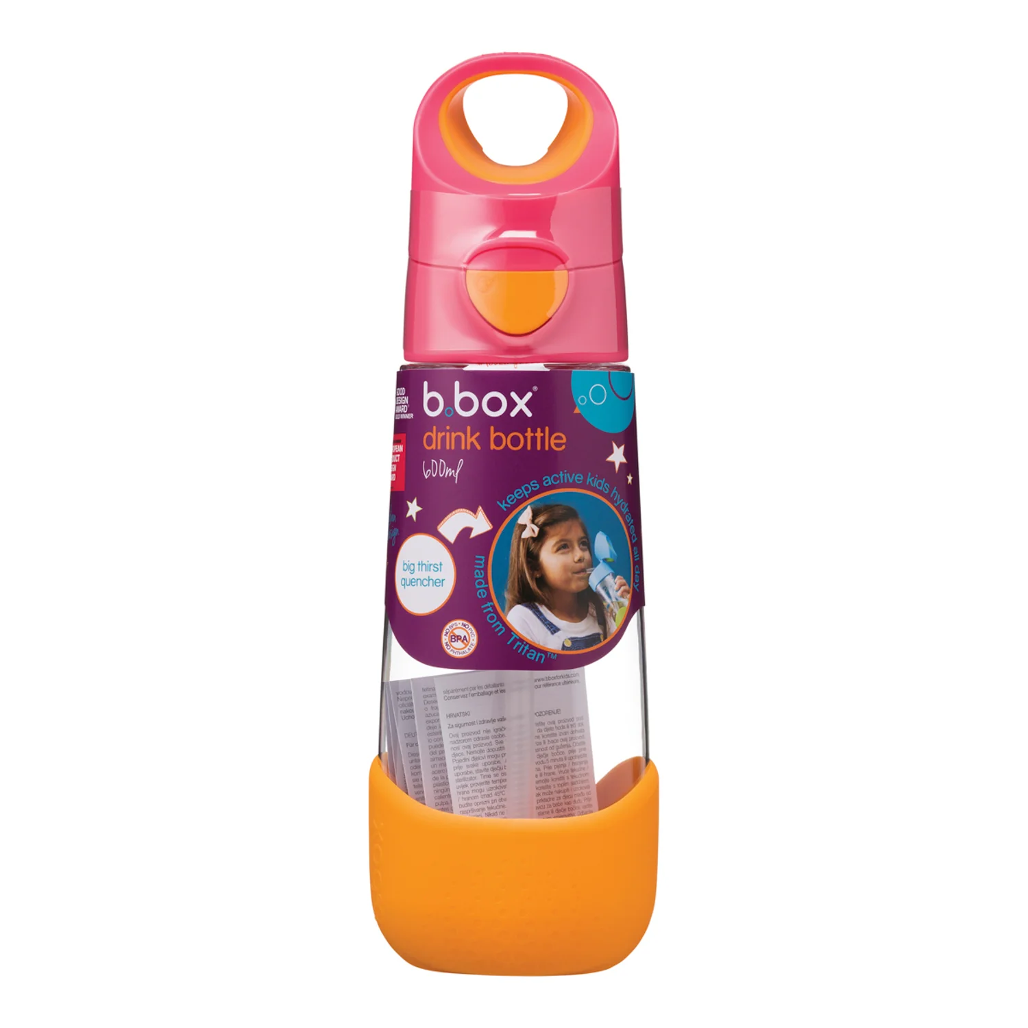 B.box butelka na wodę tritanowa ze słomką Strawberry Shake, 600 ml
