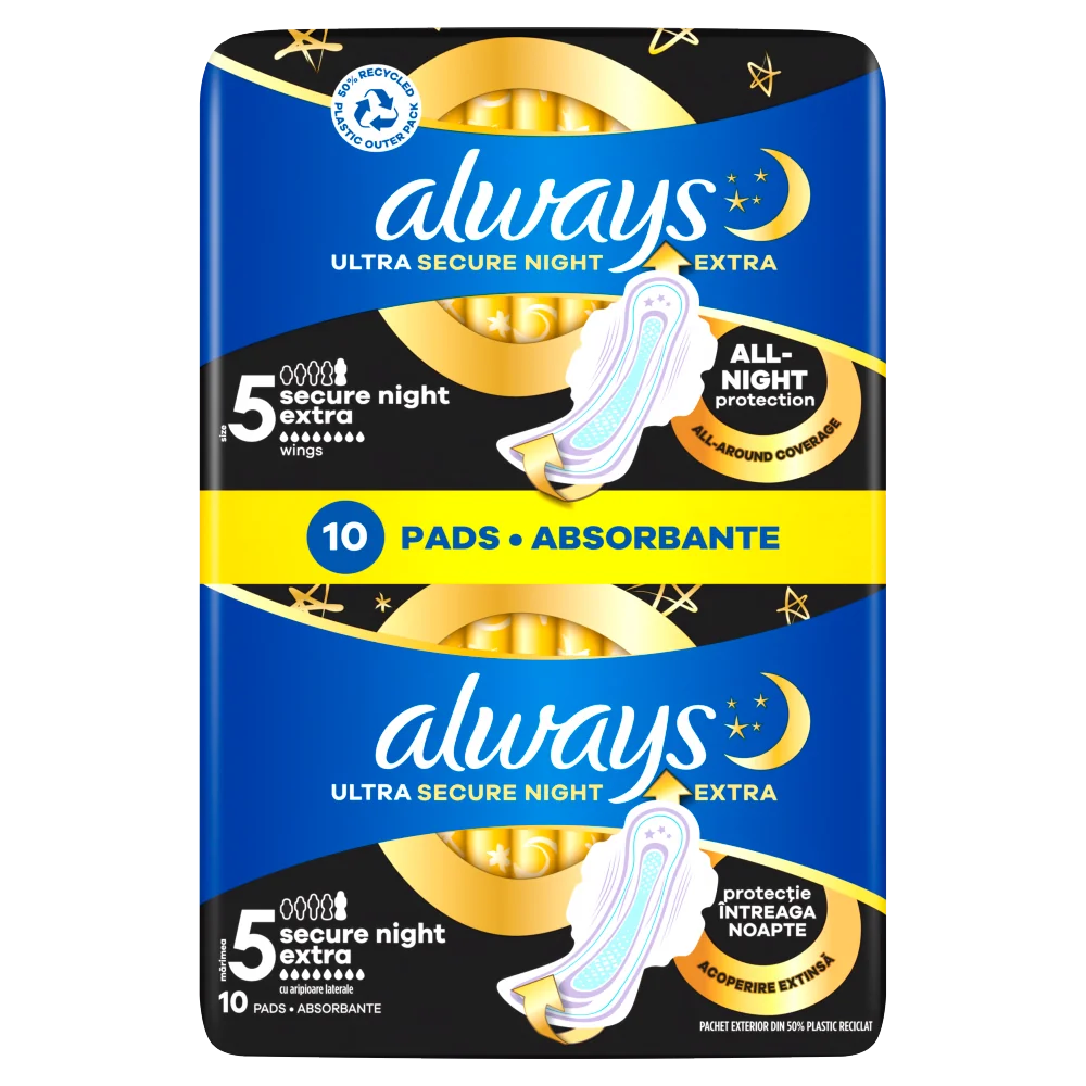 Always Ultra Secure Night Extra podpaski ze skrzydełkami na noc, 10 szt.