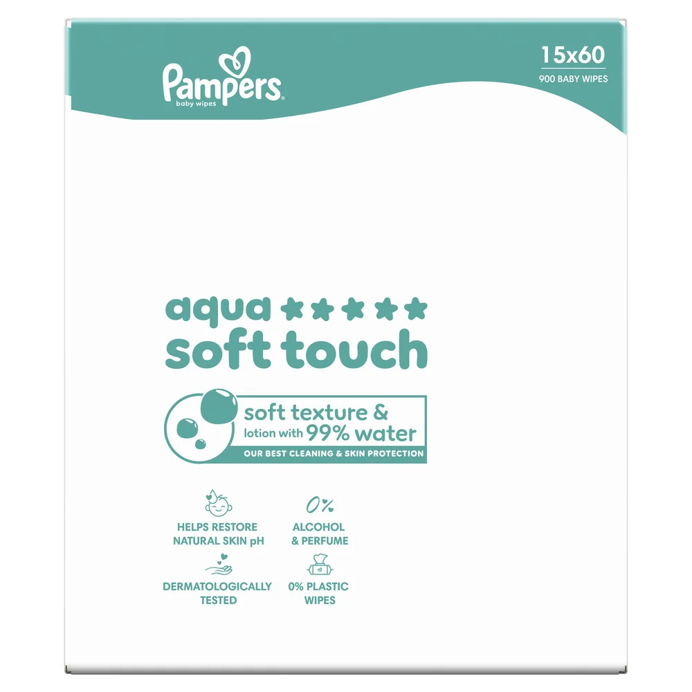 Pampers Aqua Soft Touch chusteczki nawilżane dla dzieci, 15 x 60 sztuk
