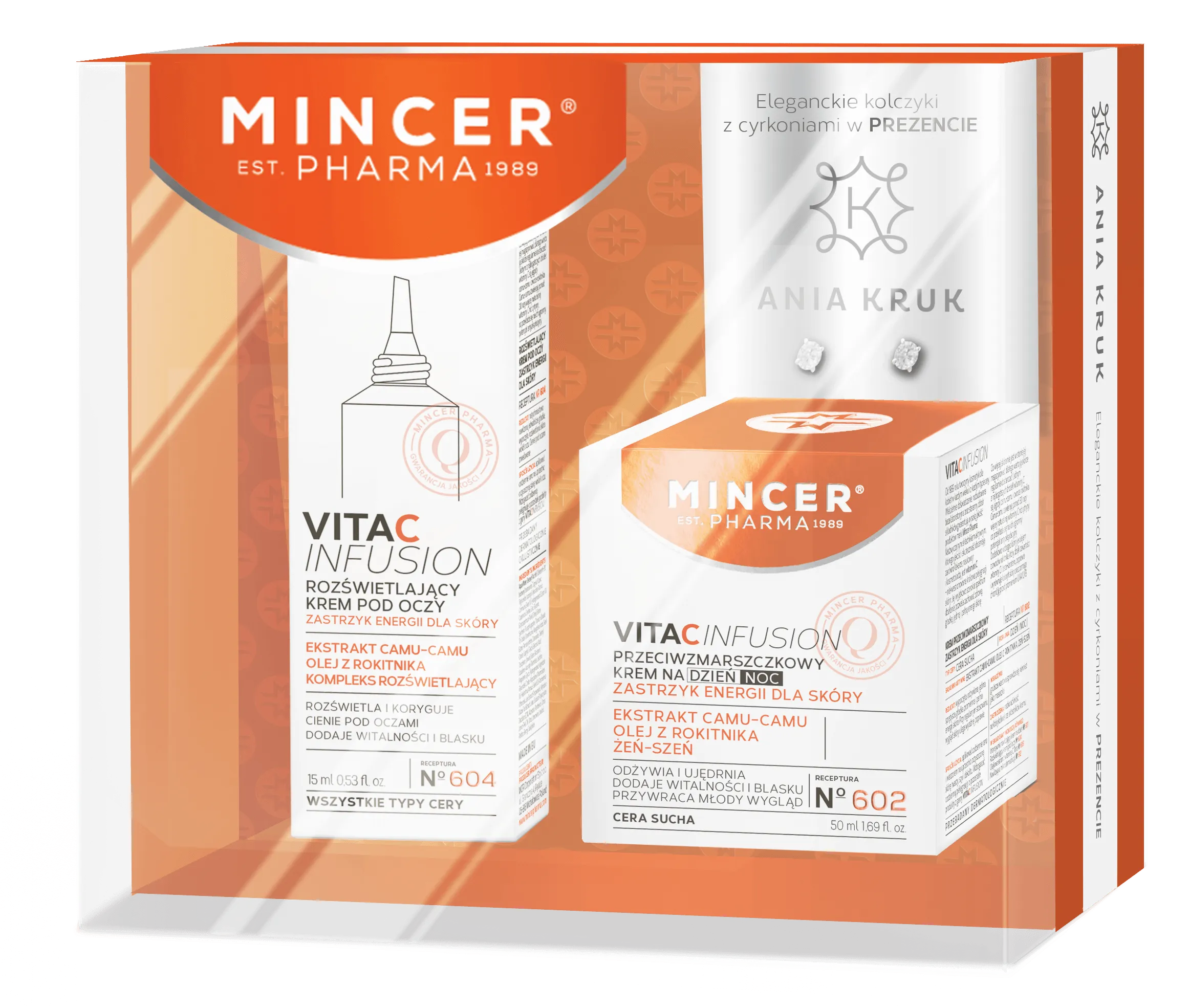 Mincer Pharma zestaw Vita C Fusion, przeciwzmarszczkowy krem na dzień i na noc nr 602, 50ml + rozświetlający krem pod oczy nr 604, 15 ml + kolczyki