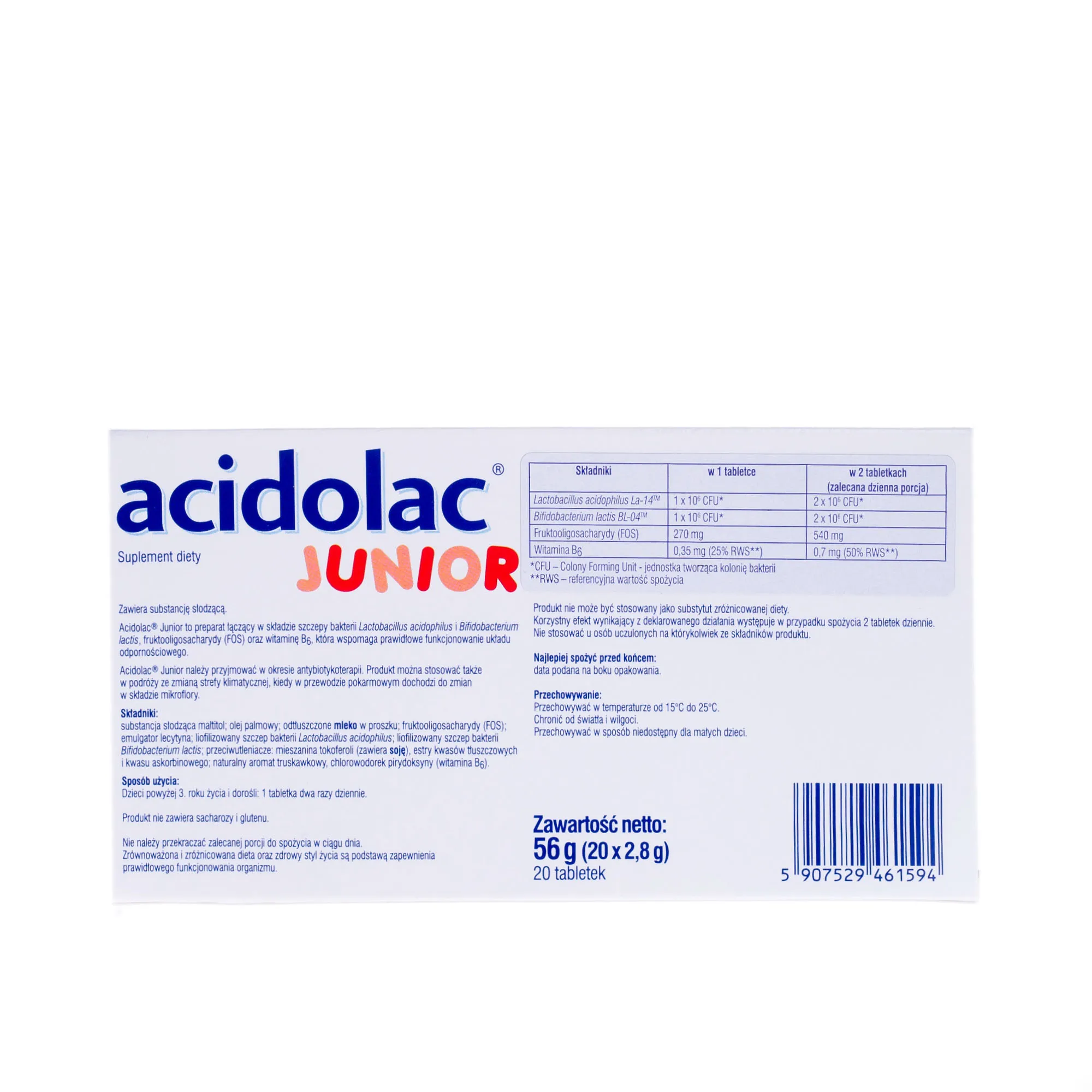 Acidolac Junior, suplement diety, 20 misio-tabletek o smaku truskawkowym 